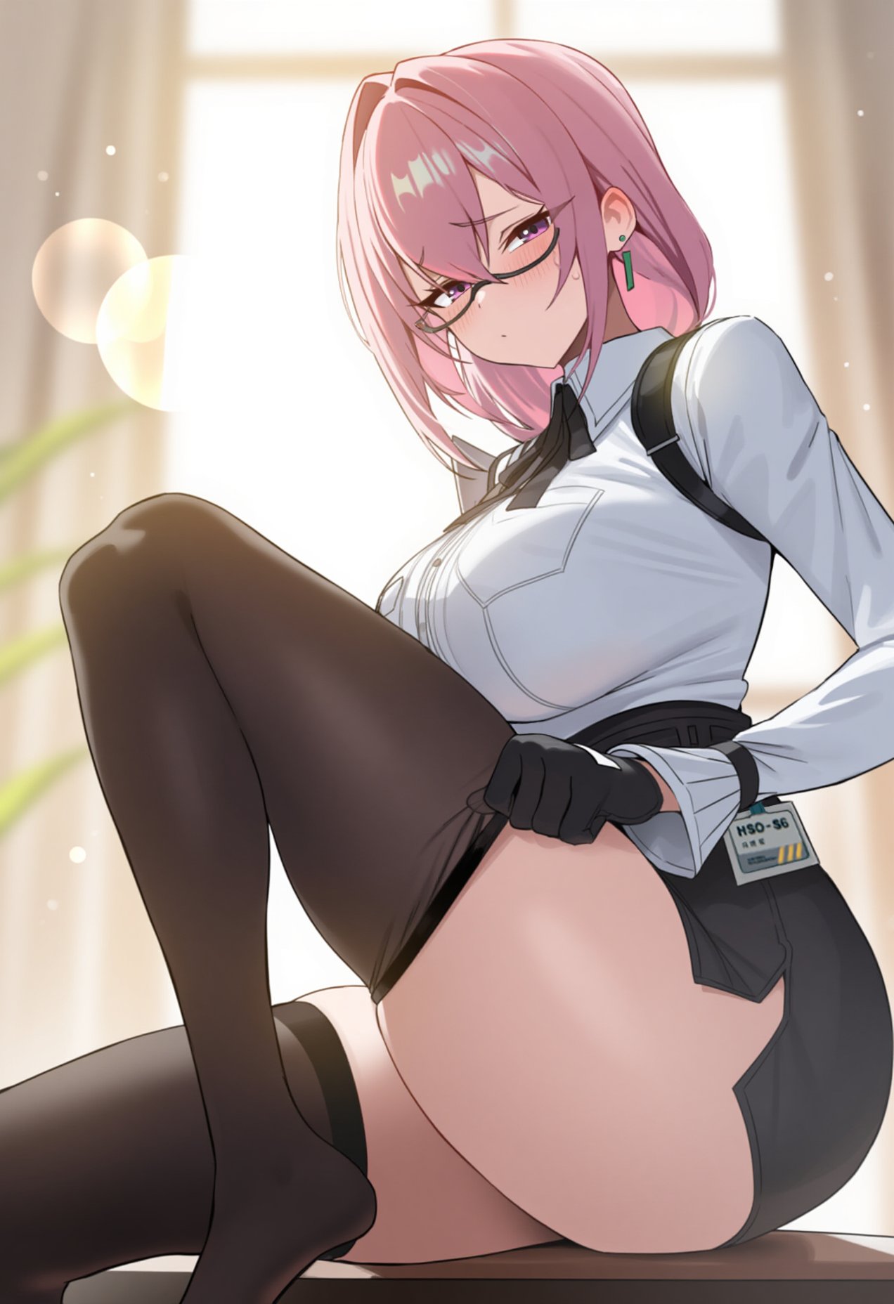 1girls, ai generated, aiart fring, black gloves, black skirt, black thighhighs, blurry, blurry background, blush, breasts, closed mouth, collared shirt, earrings, female, glasses, gloves, hair between eyes, highres, indoors, jewelry, knee up, large breasts, long hair, long sleeves, looking at viewer, medium hair, model request, pencil skirt, pink eyes, pink hair, purple eyes, semi-rimless eyewear, shirt, shirt tucked in, sitting, skirt, solo, thighhighs, thighs, tsukishiro yanagi, white shirt, window, zenless zone zero