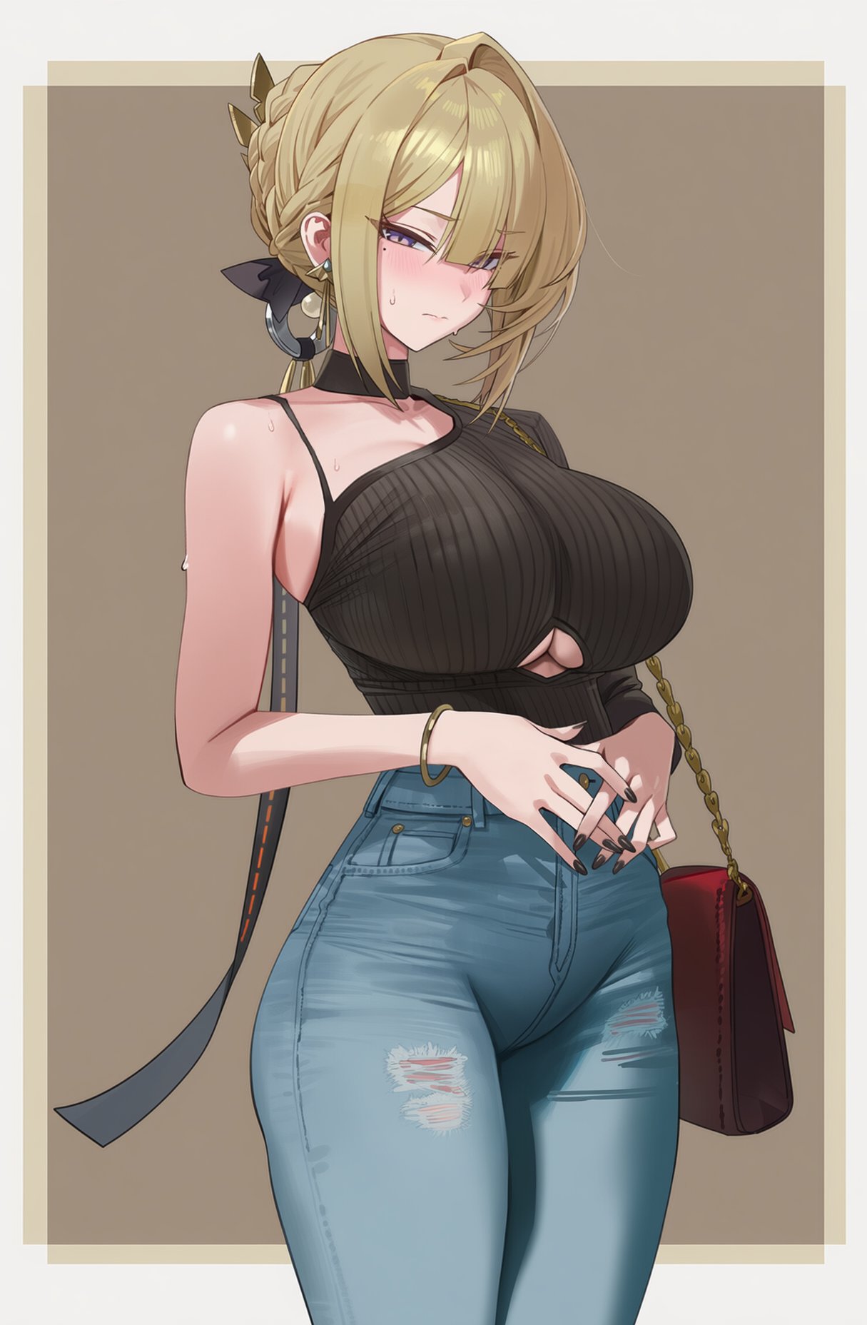 1girls, ai generated, aiart fring, bag, bangle, bare shoulders, black choker, black nails, black sweater, blonde hair, blue pants, blush, border, bracelet, braid, breasts, brown background, choker, closed mouth, clothing cutout, collarbone, commentary, cowboy shot, denim, earrings, evelyn chevalier, eyebrows visible through hair, eyes visible through hair, female, fingernails, grey border, hair between eyes, hair intakes, handbag, high-waist pants, highres, interlocked fingers, japanese commentary, jeans, jewelry, large breasts, looking at viewer, model request, mole, mole under eye, nail polish, outside border, own hands together, pants, purple eyes, ribbed sweater, short hair, solo, standing, sweat, sweater, torn clothes, torn jeans, torn pants, underboob, underboob cutout, zenless zone zero