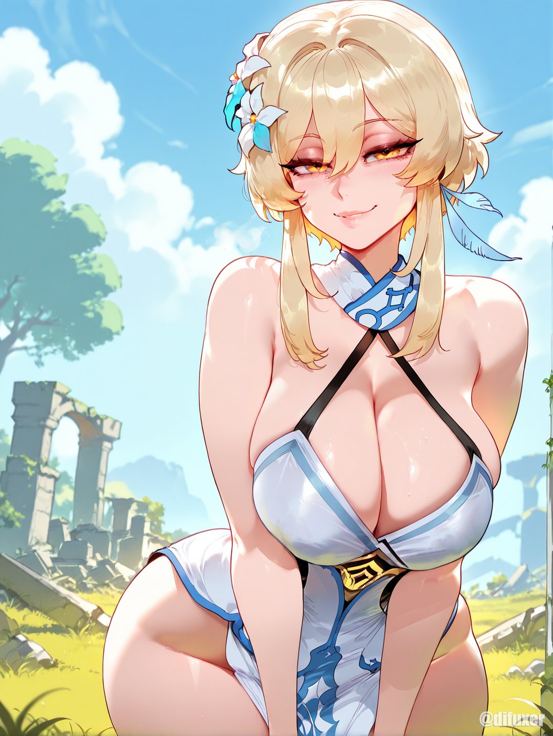 1girls, ai generated, big breasts, breasts, difuxer, female, female focus, female only, flower in hair, genshin impact, hair ornament, huge breasts, large breasts, light skin, light-skinned female, looking at viewer, lumine (genshin impact), pelvic curtain, shiny skin, solo, thick thighs, thighs, wide hips