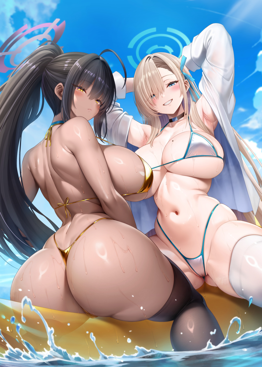 2girls, asuna (blue archive), beauty mark, big ass, big breasts, bikini, black hair, blonde hair, blue archive, blush, breasts, choker, dark skin, dark-skinned female, female, hair over one eye, halo, huge breasts, karin (blue archive), looking at viewer, looking back, micro bikini, oni-noboru, open clothes, open shirt, ponytail, ribbon, skindentation, swimsuit, thighhighs, thong