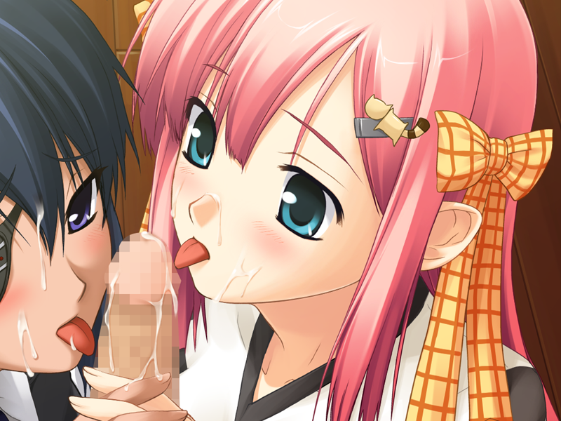 1boy 2girls blue_eyes blue_hair censored close-up eyepatch fellatio game_cg hair_ribbon hairclip kimi_ga_aruji_de_shitsuji_ga_ore_de kuonji_yume licking_penis long_hair natose oral penis pink_hair purple_eyes ribbon shironeko_sanbou short_hair they_are_my_noble_masters threesome