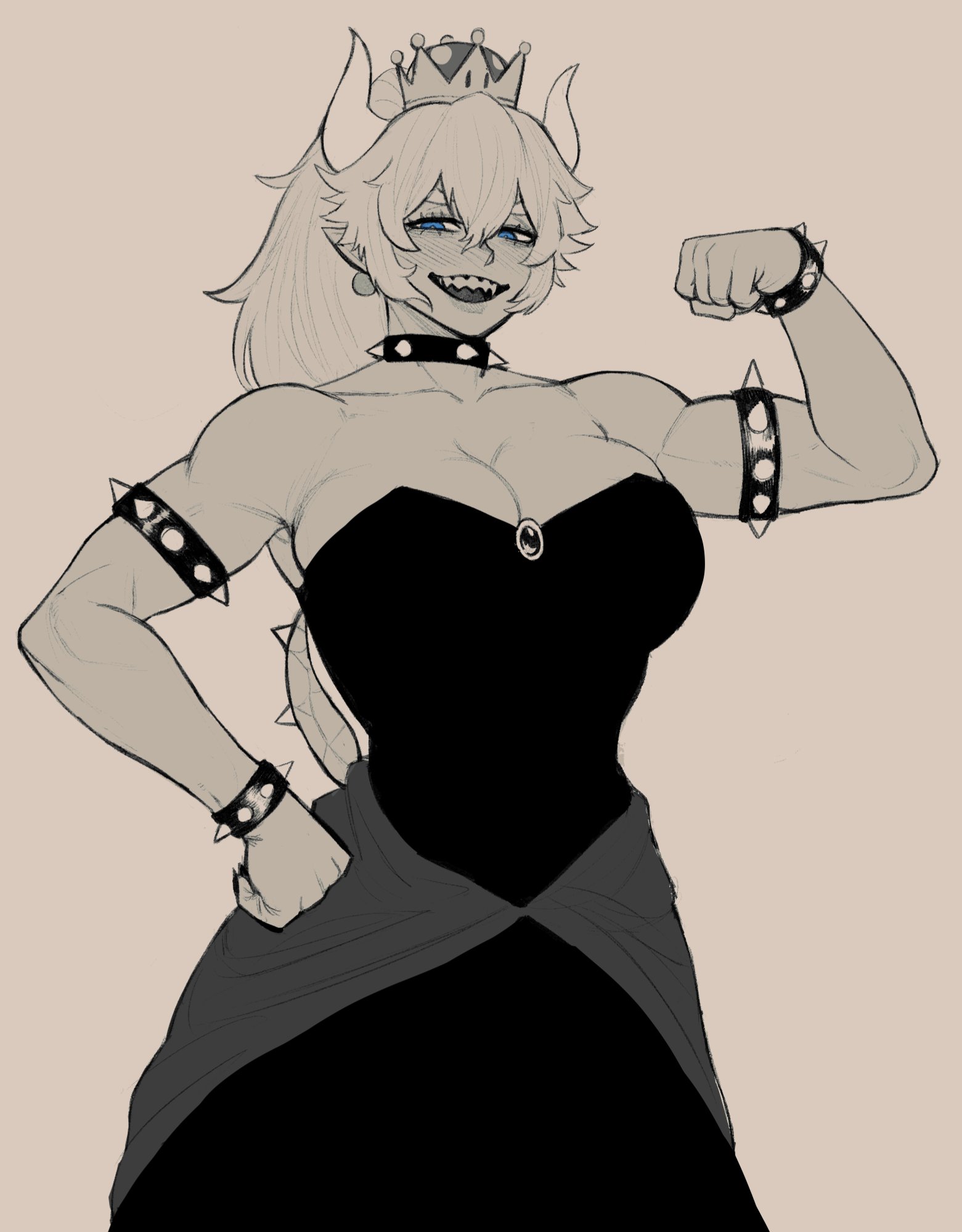 1girls, bare shoulders, big breasts, blue eyes, bowsette, breasts, busty, cleavage, crown, cullieon, curvy, female, flexing, hand on hip, horns, mario (series), monochrome, muscular, muscular female, nintendo, pointy ears, ponytail, sharp teeth, spiked armband, spiked bracelet, spiked collar