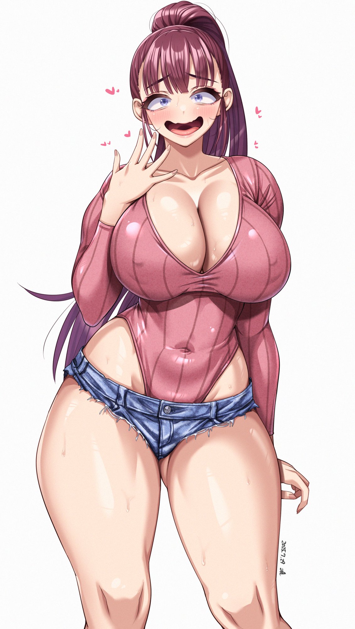 breasts, cleavage, cowboy shot, denim, denim shorts, female, highleg, highleg leotard, highres, large breasts, leotard, long hair, long sleeves, open mouth, original, ponytail, ribbed leotard, shorts, sleeved leotard, yoohi