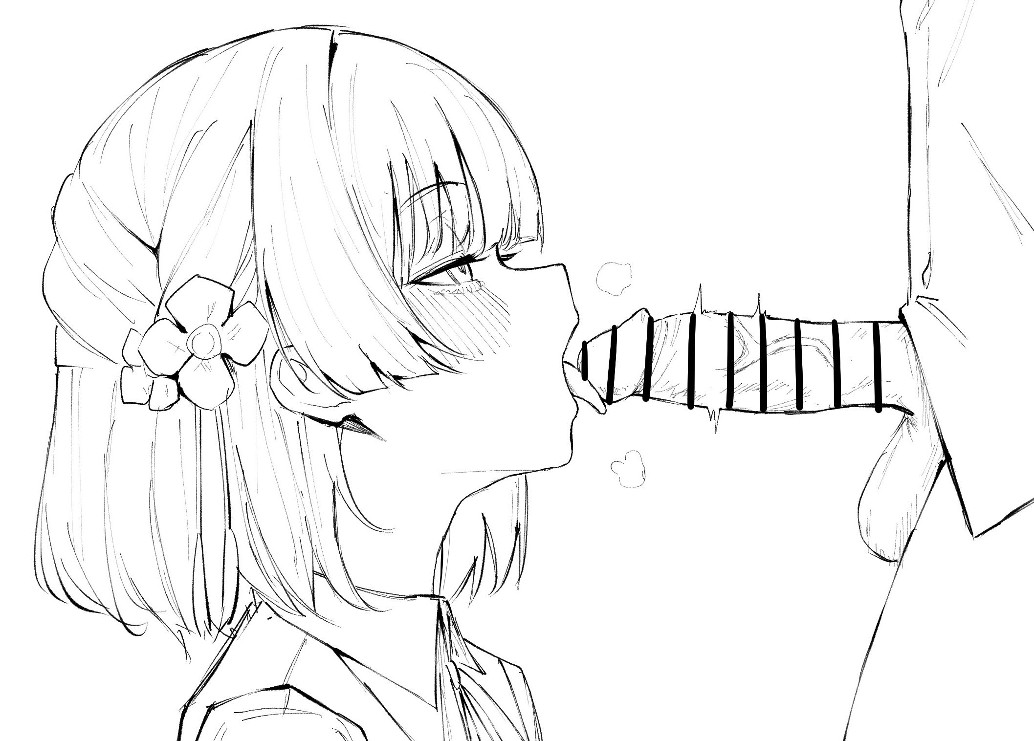 1boy, balls, bar censor, blunt bangs, blush, censored, close-up, collared shirt, commentary request, dera self, erection, fellatio, female, flower, from side, gakuen idolmaster, hair flower, hair ornament, half-closed eyes, hataya misuzu, highres, idolmaster, male, open mouth, oral, penis, shirt, short hair, simple background, solo focus, straight, testicles, tongue, tongue out, twitching penis, veins, veiny penis, white background