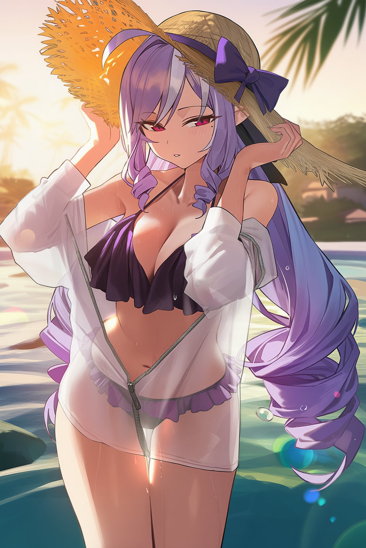 1girls, ai generated, aiart fring, bare shoulders, beach, bikini, breasts, cleavage, female, hat, large breasts, long hair, looking at viewer, navel, off shoulder, outdoors, parted lips, pointy ears, purple hair, red eyes, see-through, solo, straw hat, swimsuit, tagme, very long hair, vivian (zenless zone zero), vivian banshee, zenless zone zero