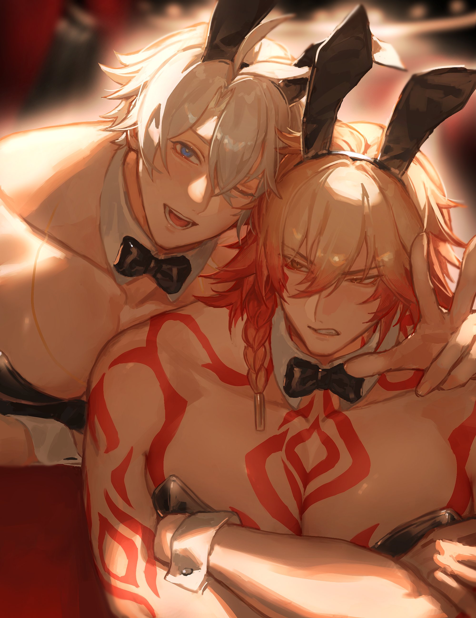 abs, angry, big breasts, big muscles, blonde hair, blush, body markings, bowtie, breasts, bunny costume, bunny ears, bunnysuit, crossed arms, crossing arms, embarrassed, gay, happy, honkai (series), honkai: star rail, male, male focus, male only, matuka10101, moobs, muscular, muscular male, mydei (honkai: star rail), one eye closed, pecs, phainon (honkai: star rail), red hair, tattoo, tattoos, white hair, wink, winking, winking at viewer, yaoi
