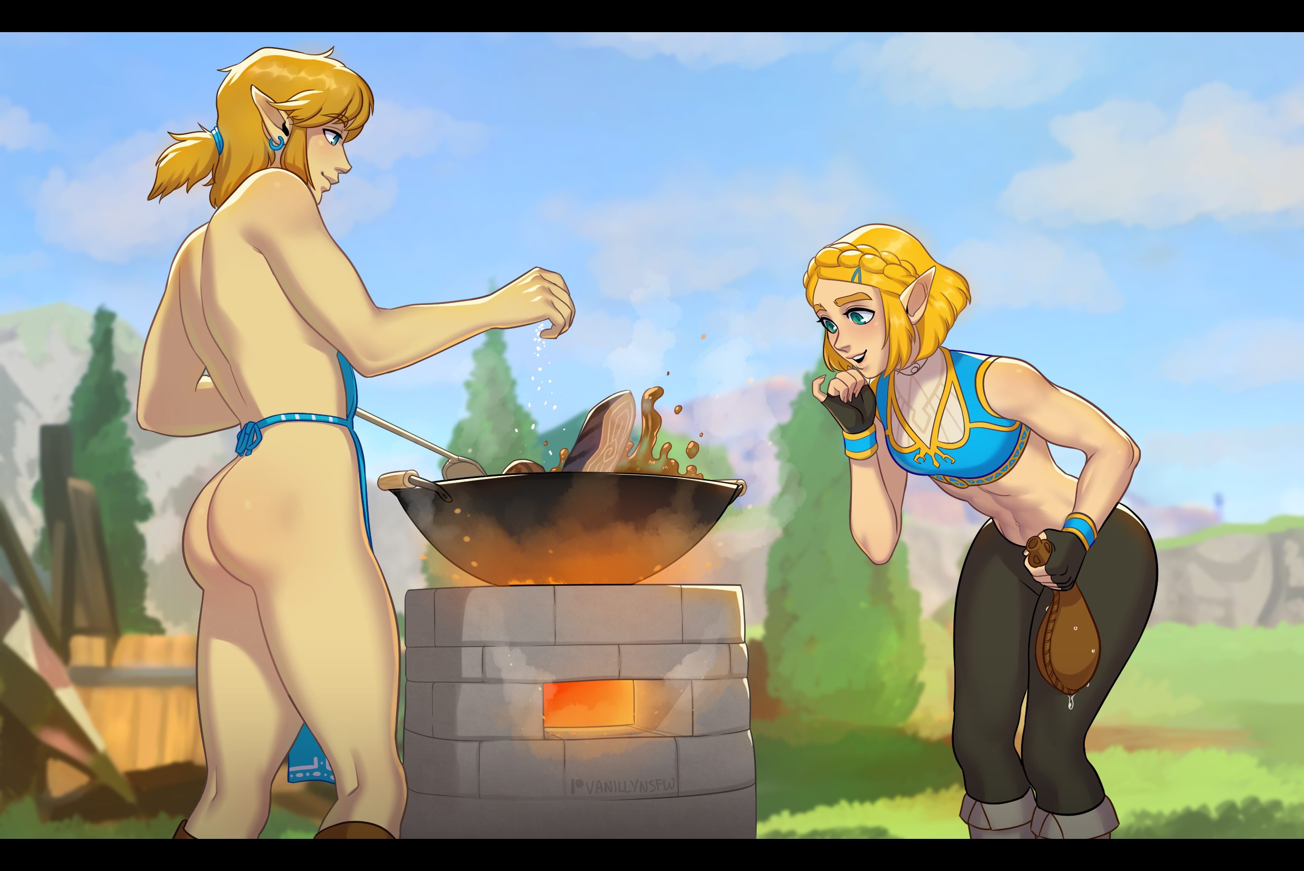 1boy, 1girls, apron, apron only, ass, blonde hair, blue eyes, boots, breath of the wild, butt, canteen, cfnm, clothed female nude male, cooking, cooking pot, demigoddess, duplicate, female, funny, green eyes, high resolution, higher resolution duplicate, humanoid, hylian, link, link (breath of the wild), long hair, male, male ass, male ass focus, male butt, male butt focus, male focus, naked apron, nintendo, no visible genitalia, nude, only one naked, outside, pointy ears, pretty boy, princess zelda, pun, repost, role reversal, short hair, smile, softcore, soup ladle (breath of the wild), tears of the kingdom, the legend of zelda, thick thighs, vanilly, zelda (tears of the kingdom)