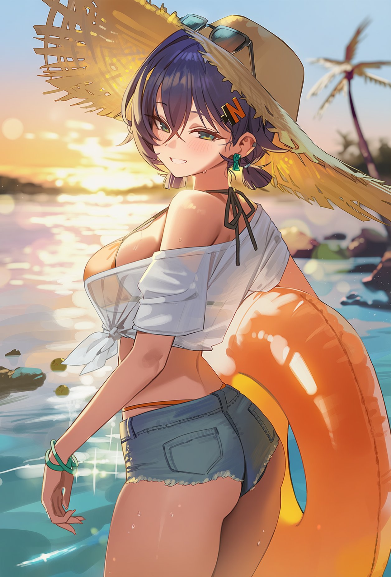 1girls, ai generated, aiart fring, ass, belle (zenless zone zero), bikini, bikini under clothes, blush, breasts, denim, denim shorts, earrings, eyewear on head, female, green eyes, grin, hair ornament, halterneck, hat, highres, holding swim ring, innertube, jewelry, large breasts, looking at viewer, model request, ocean, orange bikini, outdoors, purple hair, see-through, see-through shirt, shirt, short hair, short shorts, short sleeves, shorts, smile, solo, straw hat, sunglasses, swimsuit, thighs, twintails, water, white shirt, zenless zone zero