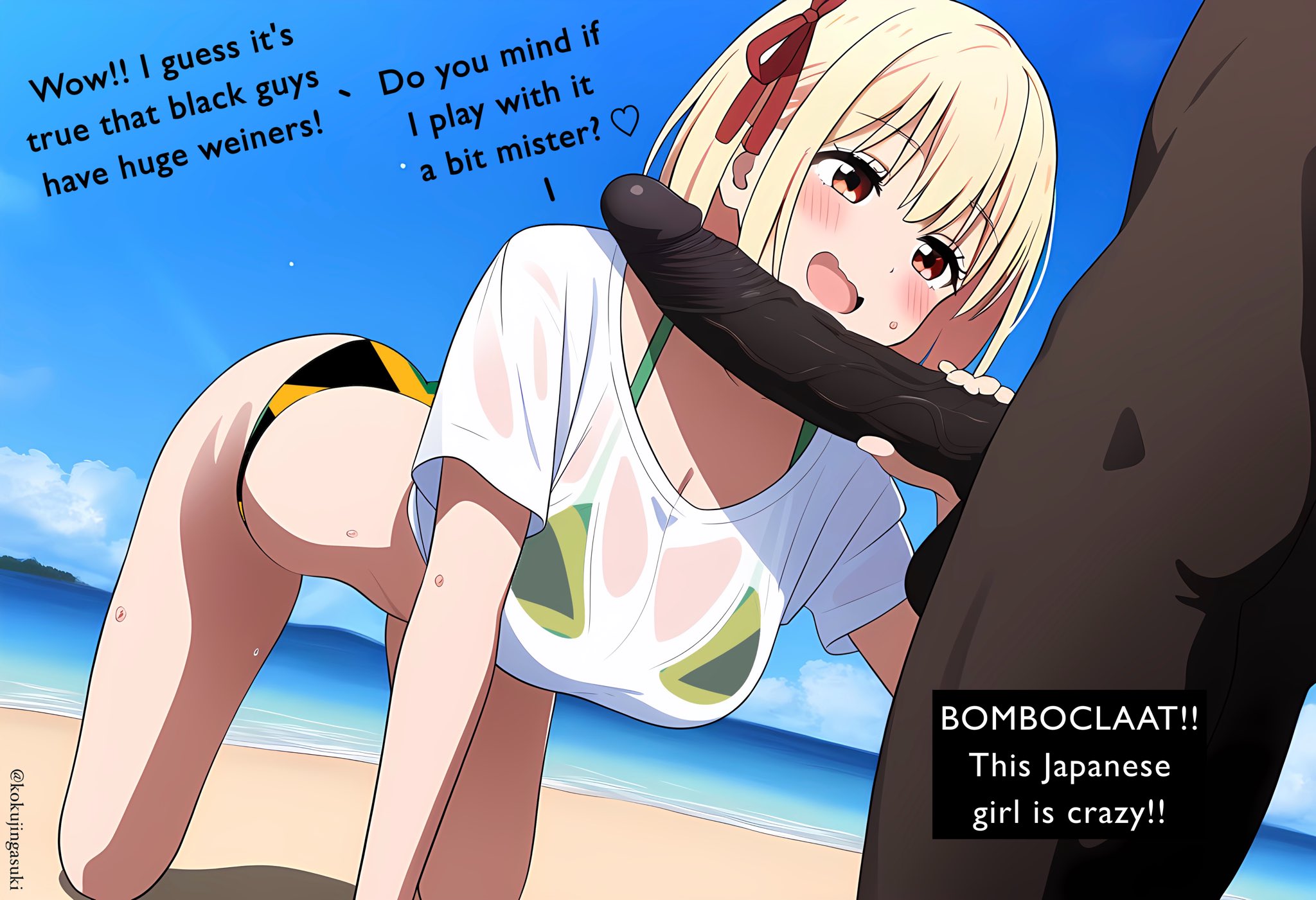 1boy, 1girls, ai generated, big penis, blonde female, color, dark-skinned male, english, english text, female, gigantic penis, handjob, huge cock, imminent fellatio, imminent oral, interracial, interracial fellatio, jamaican, jamaican flag, jamaican flag bikini, kokujingasuki, large breasts, large penis, light-skinned female, looking at penis, lycoris recoil, male, nishikigi chisato, oral, pale skin, penis, raceplay, text, veiny penis