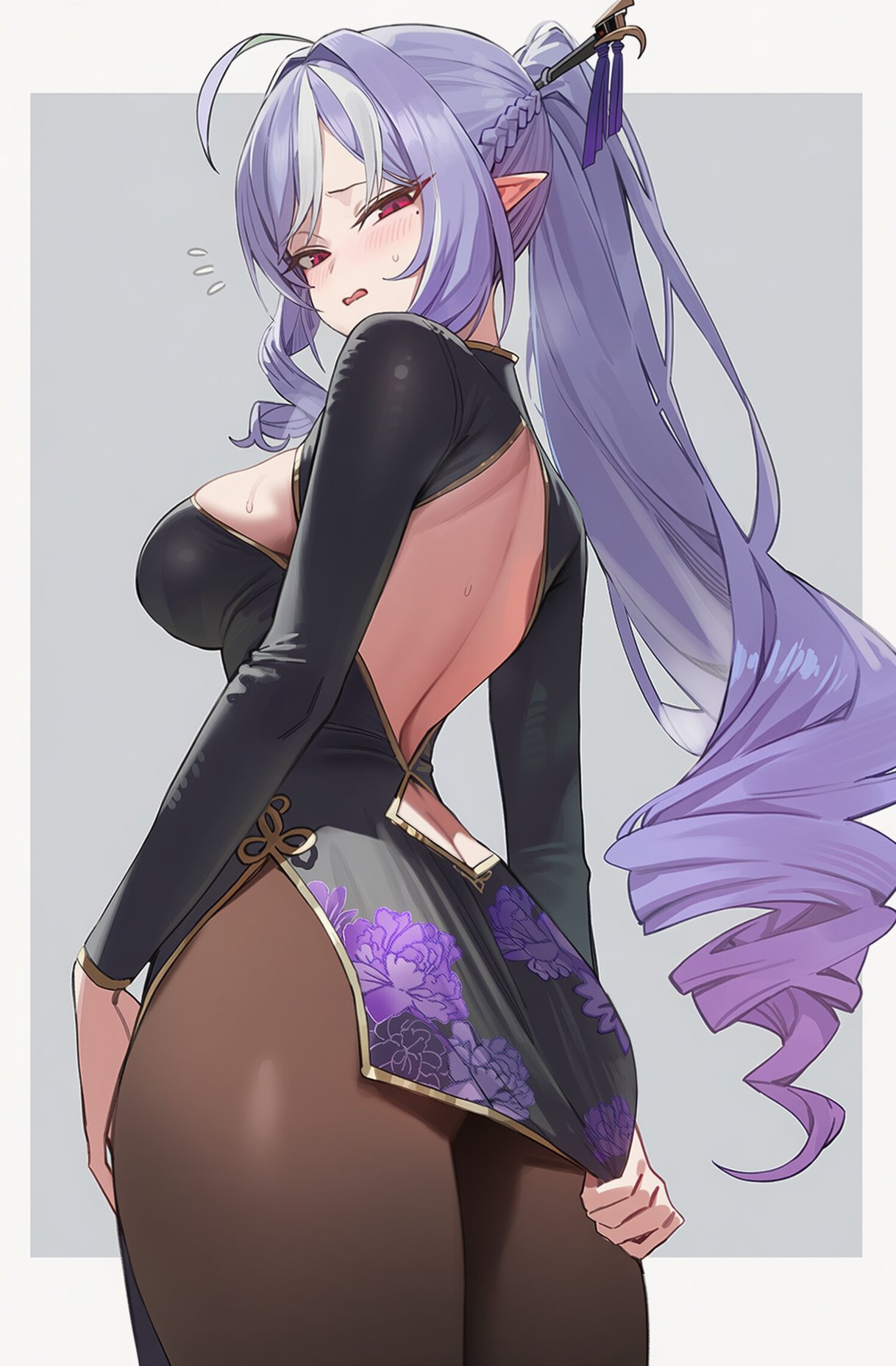 1girls, ai generated, aiart fring, ass, back cutout, black dress, blush, border, braid, breasts, brown pantyhose, clothes tug, clothing cutout, commentary, cowboy shot, dress, dress tug, embarrassed, female, floral print, floral print dress, flying sweatdrops, from behind, grey background, half-closed eyes, highres, japanese commentary, long hair, long sleeves, looking at viewer, median furrow, medium breasts, microdress, model request, mole, mole under eye, multicolored hair, open mouth, outside border, pantyhose, pointy ears, print dress, purple hair, red eyes, side slit, simple background, solo, standing, streaked hair, sweat, vivian (zenless zone zero), vivian banshee, wavy mouth, white border, white hair, zenless zone zero
