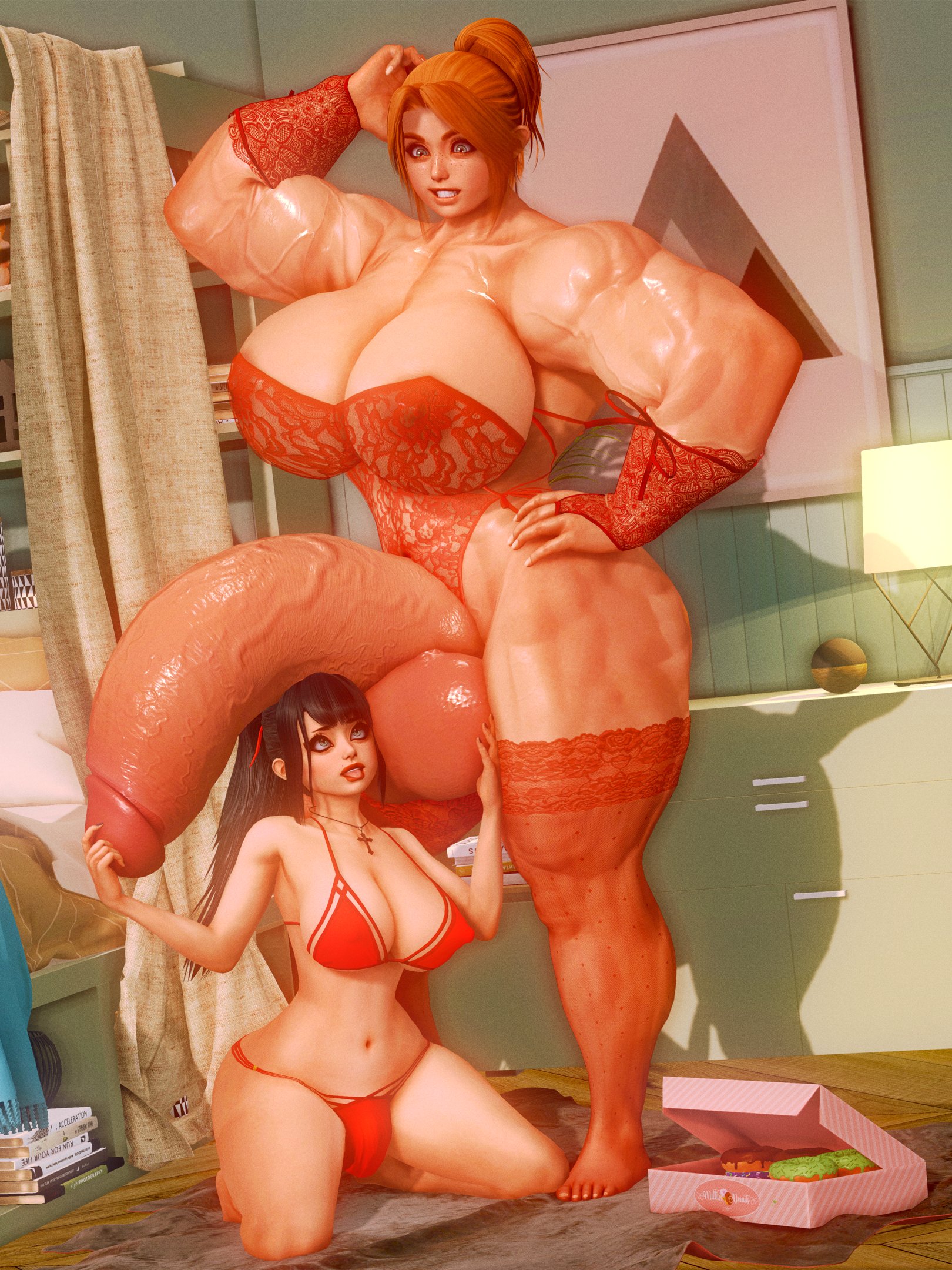 3d, absurdly large cock, balls, big balls, big breasts, big penis, black hair, breasts, caressing balls, caressing testicles, futa on futa, futanari, huge balls, huge cock, hung futa, intersex, lacy panties, lacy thighhighs, large breasts, large penis, lingerie, milkies, muscular, muscular futa, penis, penis on head, red hair, size difference, submissive, testicles, veiny penis