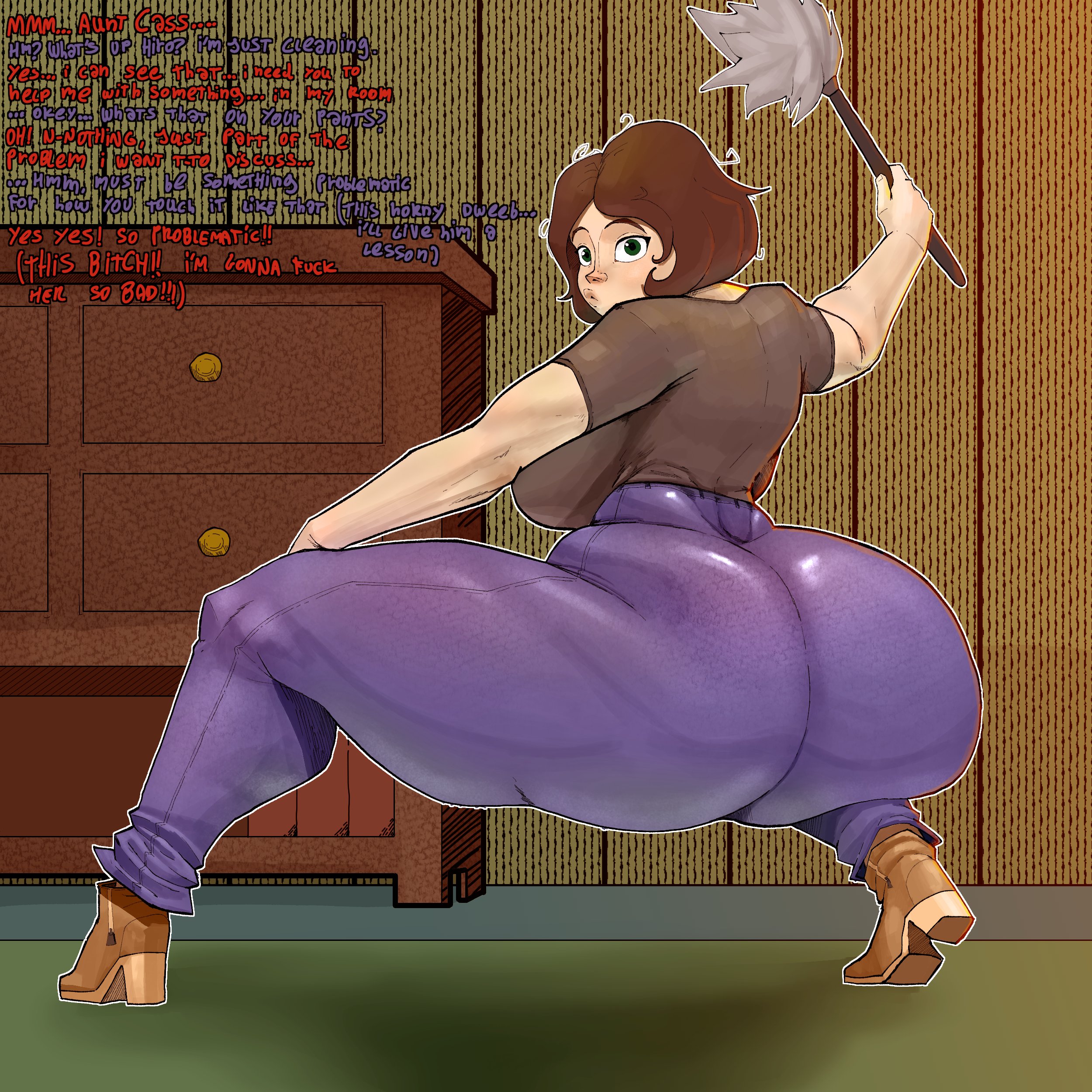 1girls, ass, ass focus, aunt cass, big hero 6, breasts, brown hair, cass hamada, cleaning, denim, denim bottomwear, denim clothing, dialogue, duster, english, english text, feather duster, female, female only, from behind, green eyes, heel boots, heels, huge ass, huge breasts, jeans, libi dos, marvel, marvel comics, milf, solo, solo female, text, unseen character