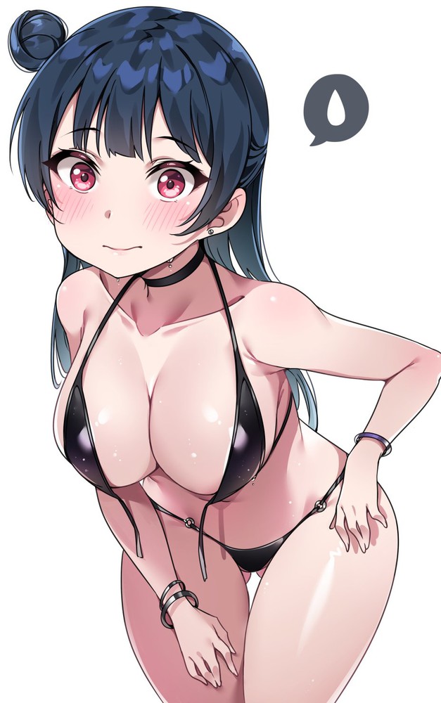1girls, archway of venus, bangs, bare arms, bare legs, bare shoulders, bikini, black bikini, black choker, black swimsuit, blue hair, blush, bracelets, breasts, choker, cleavage, closed mouth, ear piercing, female, hair bun, hips, huge breasts, large breasts, leaning forward, long hair, looking at viewer, love live!, love live! sunshine!!, navel, pink eyes, plain background, side bun, simple background, solo, solo female, stomach, sweat, sweatdrop, swimsuit, tem10, thighs, tsushima yoshiko, untied bikini, white background