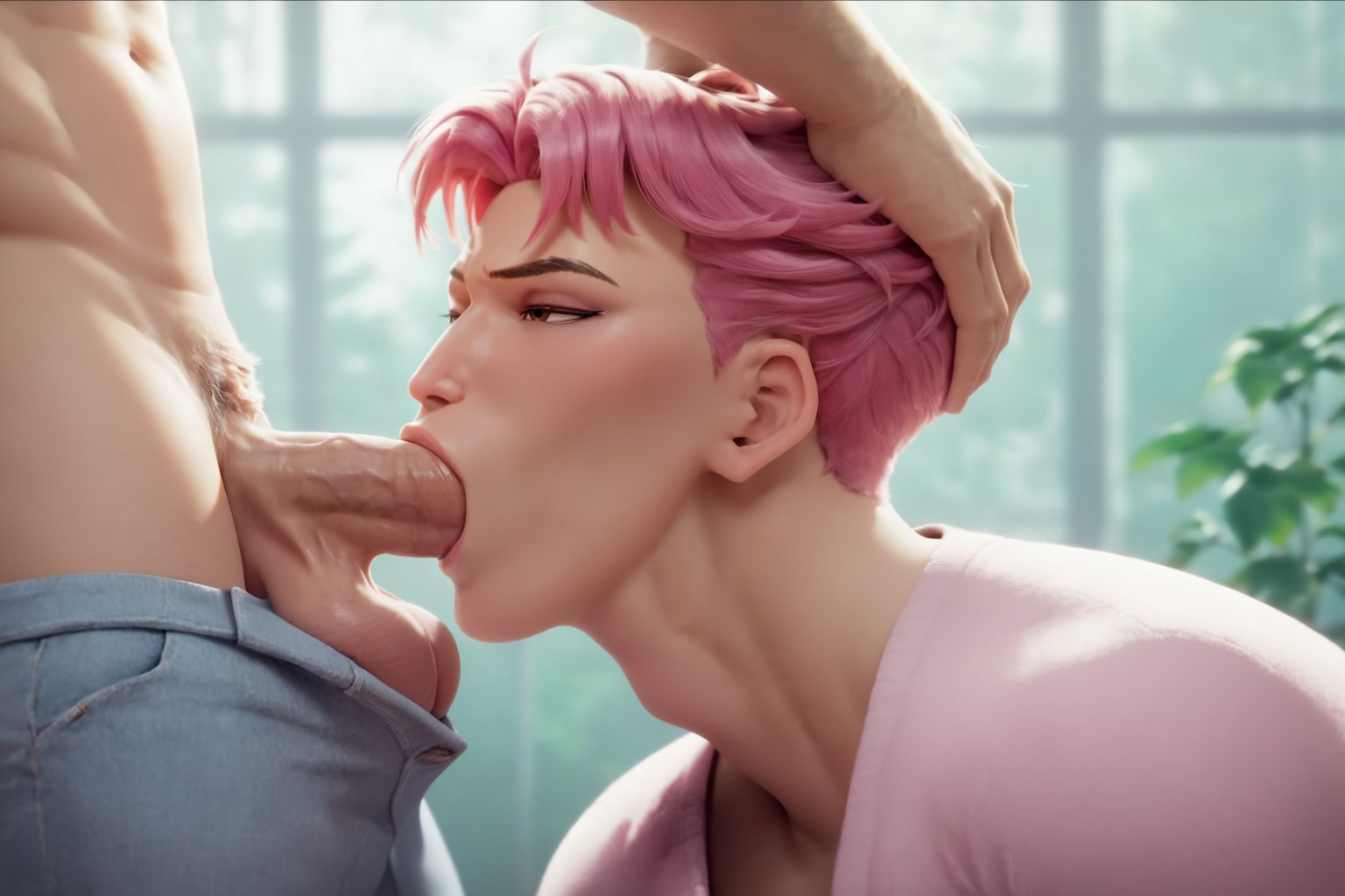 abby (kpop demon hunters), ai generated, deepthroat, gay, kpop demon hunters, male, male only, oral, oral sex, penis, saja boys
