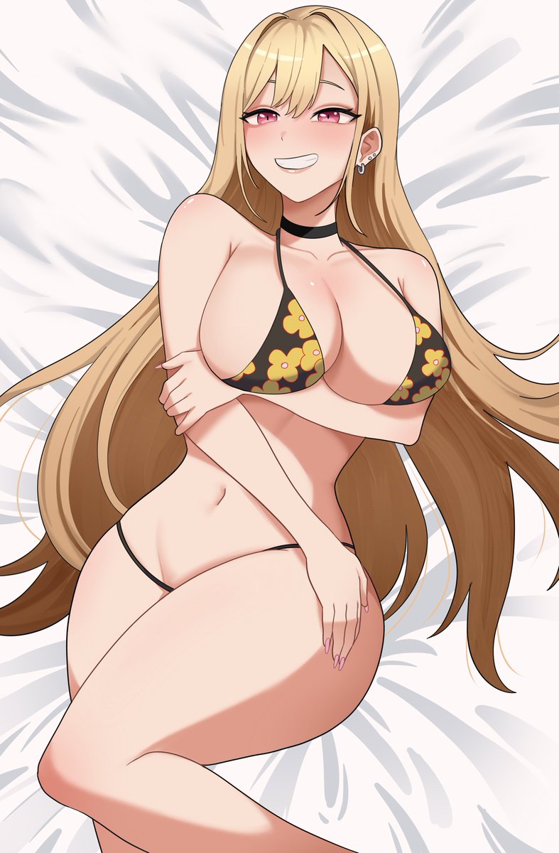 1girls, abirdeer, arms under breasts, bed, bed sheet, belly, bikini, blonde hair, breasts, choker, cleavage, collarbone, ear piercing, earrings, female, fingernails, floral print, flower, gyaru, hair between eyes, hand on own hip, huge breasts, jewelry, kitagawa marin, long hair, looking at viewer, lying, midriff, on back, piercing, pink eyes, smile, sono bisque doll wa koi wo suru, swimsuit, thick thighs, thighs, wide hips