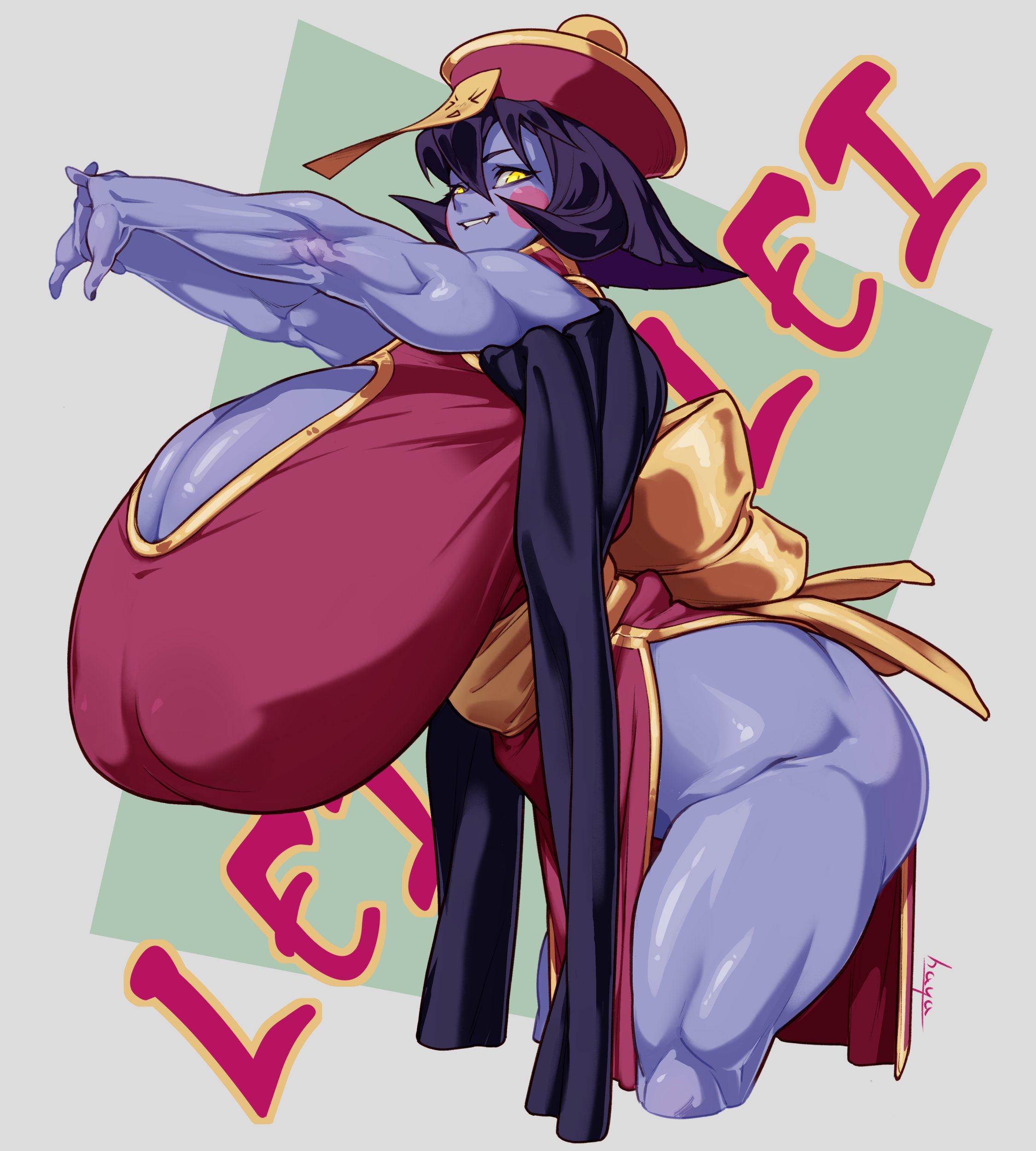 blue skin, blush stickers, darkstalkers, female, female only, gigantic breasts, grin, hat, hayabusart, hips, hsien ko, jiangshi, leaning forward, lei lei, lei-lei, looking at viewer, massive breasts, purple hair, purple skin, short hair, stretching arms, thick thighs, yellow eyes