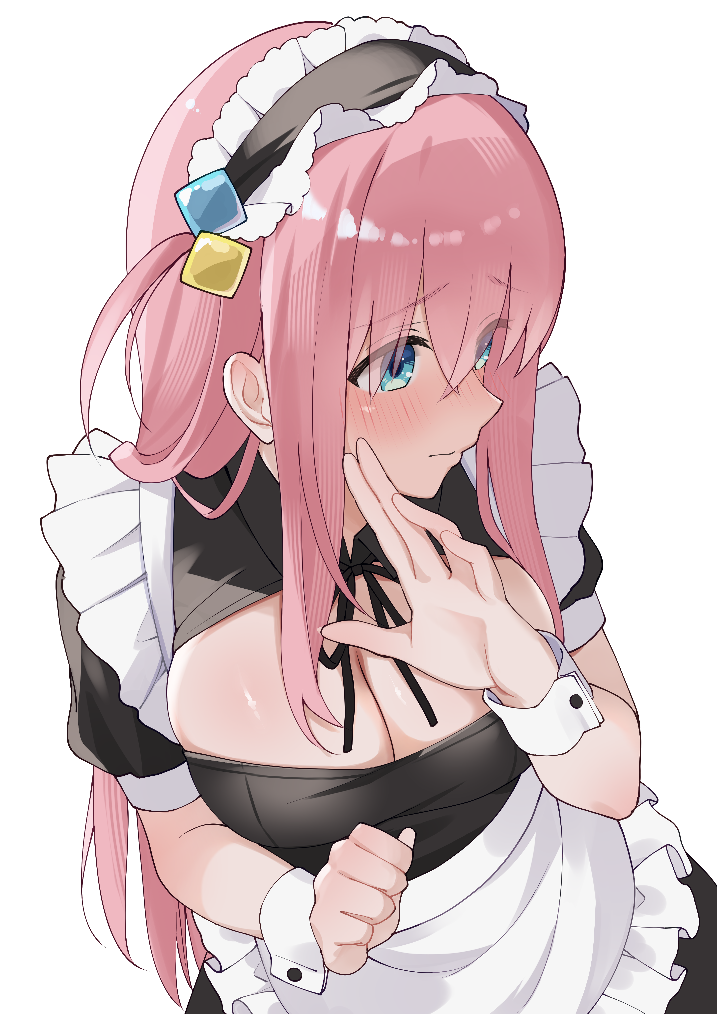 absurdres, apron, aqua eyes, black dress, black ribbon, blue eyes, blush, bocchi the rock!, breasts, cleavage, closed mouth, collared dress, commentary, cube hair ornament, dress, female, female only, frilled apron, frills, gotou hitori, hair between eyes, hair ornament, highres, large breasts, long hair, maid, maid apron, maid day, neck ribbon, nigi (ngmnoym), nose blush, one side up, pink hair, ribbon, short sleeves, simple background, solo, waist apron, white apron, white background, white wrist cuffs, wrist cuffs