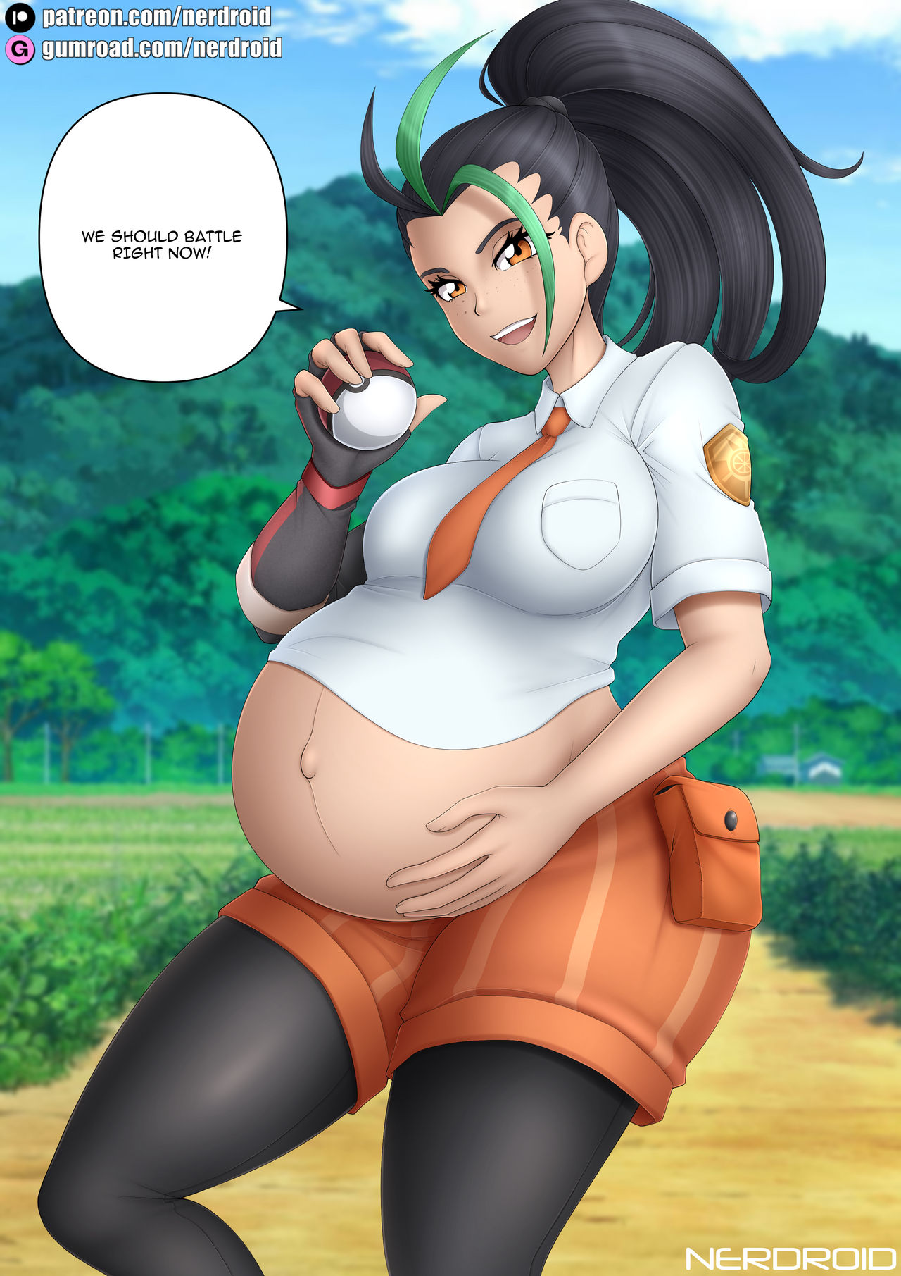 1girls, black hair, english text, female, female only, looking at viewer, nemona (pokemon), nerdroid, pokemon, pokemon sv, pokemon trainer, pregnant, pregnant belly, pregnant female, solo, super belly, talking to viewer, text