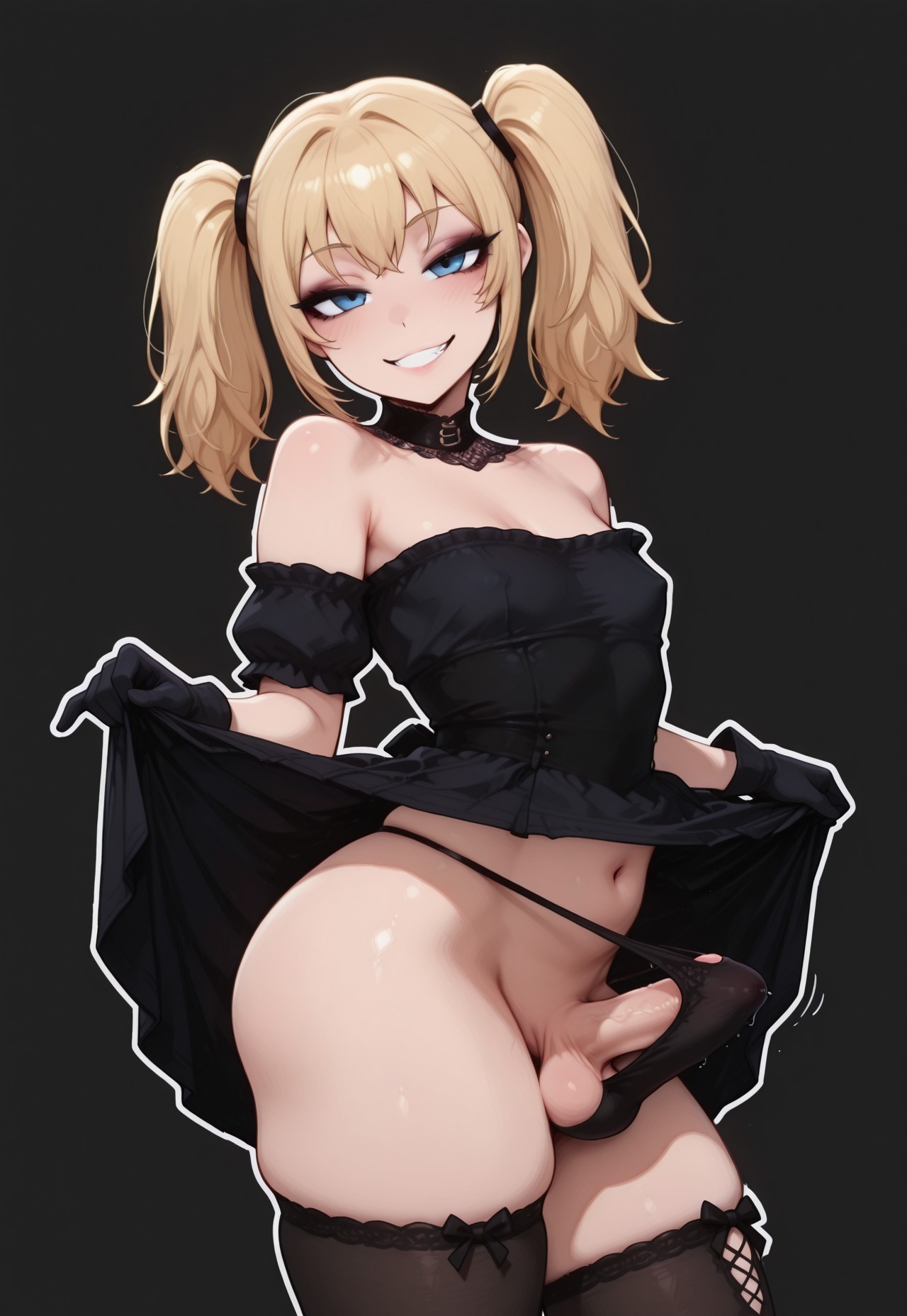 1boy, 1femboy, 2025, ai generated, alternate version available, ani (twitter), ani (xai), black dress, black stockings, black thong, blonde hair, blue eyes, choker, crossdressing, dress, erect penis, erection, erection under thong, eyebrows, eyelashes, eyeshadow, femboy, feminine male, genderswap (ftm), girly, gloves, highleg, highleg thong, looking at viewer, male, nokk, penis, penis poking out, rule 63, simple background, smile, smiling, solo, standing, stockings, thick thighs, thighs, thong, trap, twintails, twitter