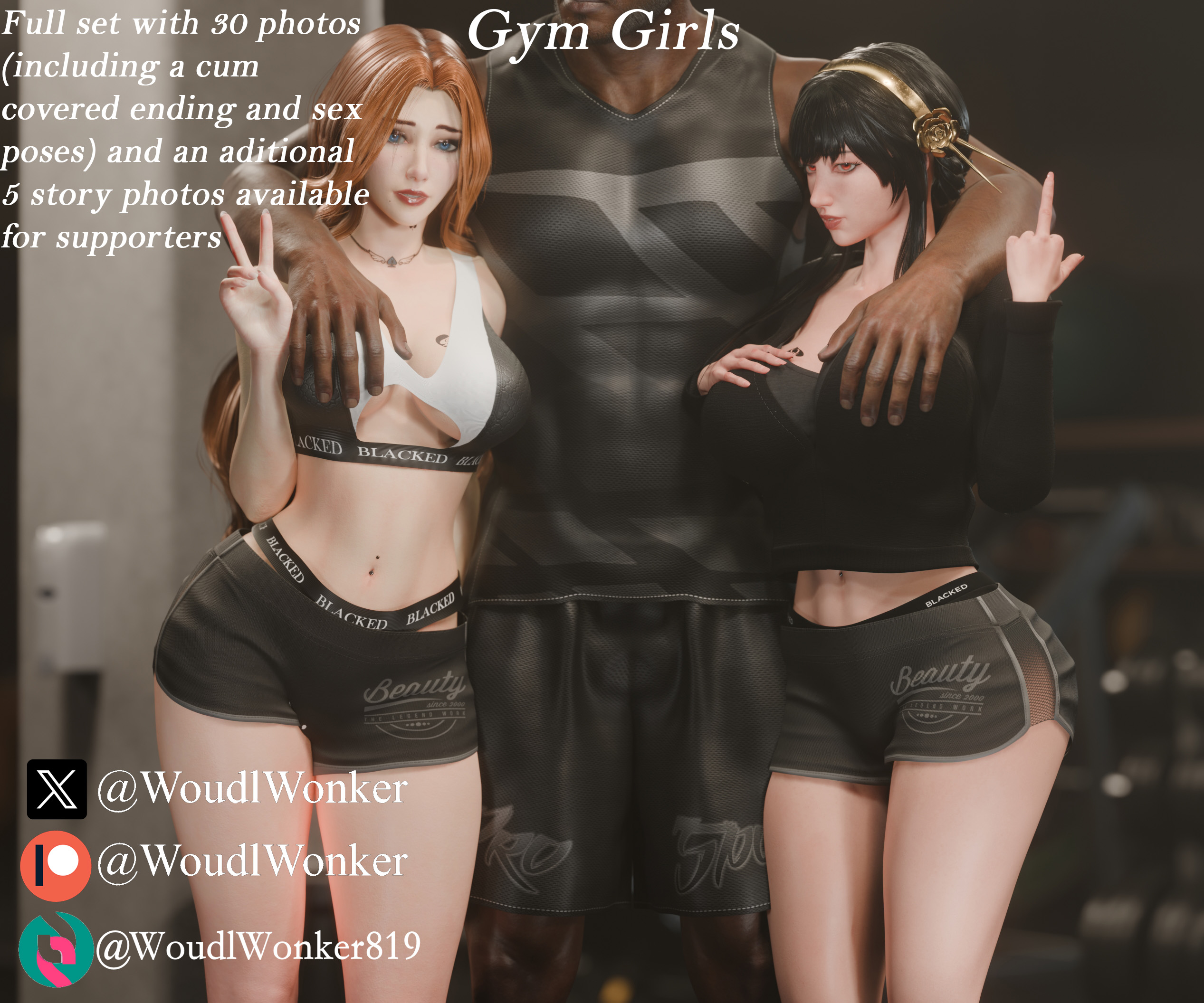 1boy, 2girls, 3d, advertisement, blacked, blacked clothing, bleach, bleach: the thousand-year blood war, breasts, dark-skinned male, female, grabbing breasts, gym, gym clothes, gym shorts, interracial, light-skinned female, looking at viewer, male, matsumoto rangiku, middle finger, multiple females, multiple girls, netorare, queen of spades, spy x family, threesome, woudlwonker819, yor briar, yor forger, yor forger (h69 verse)