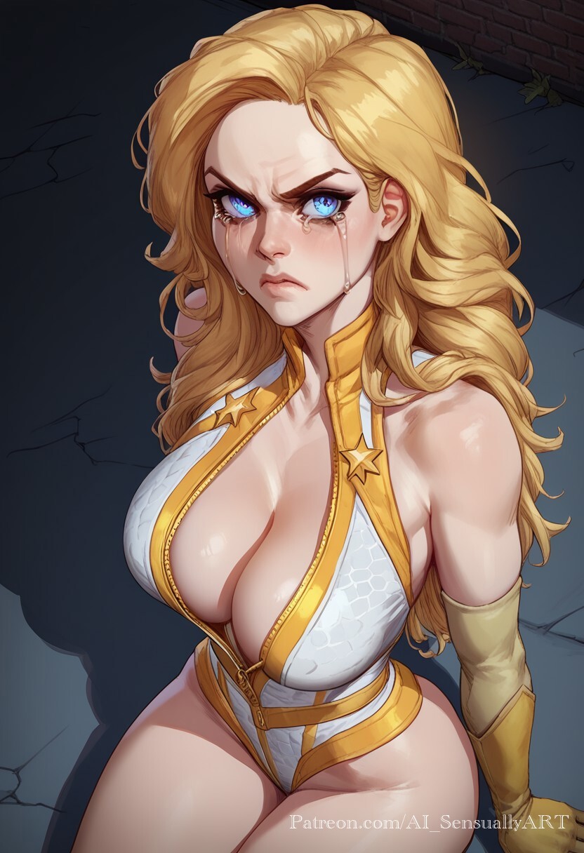 1girls, 2d, ai generated, ai sensuality, alley, alleyway, annie january, bimbo, blonde hair, blue eyes, breasts, cleavage, crying, defeated heroine, female, large breasts, leotard, light-skinned female, runny makeup, solo female, solo focus, starlight (the boys), superheroine, the boys