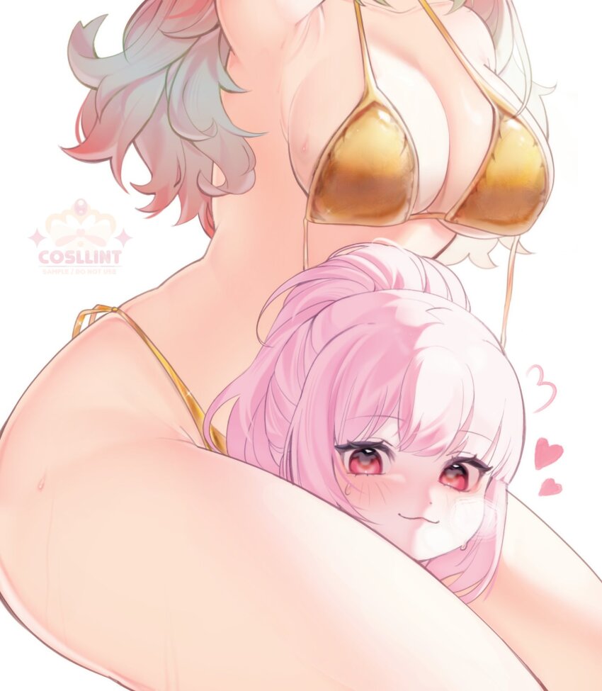 :3, 2girls, big breasts, big thighs, bikini, bikini top, breasts, female, head between thighs, headscissors, hololive, hololive english, hololive myth, mori calliope, pink hair, red eyes, takamori (hololive), takanashi kiara, thighs, thunder thighs, virtual youtuber, yuri
