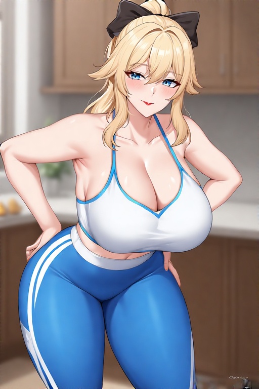 1girls, ai generated, big breasts, blonde hair, blue eyes, blue yoga pants, breasts, curvy female, curvy figure, female, female only, genshin impact, hands on hips, hourglass figure, huge breasts, jean gunnhildr, light-skinned female, naughty one, ponytail, red eyes, seductive pose, seductive smirk, solo, white sports bra