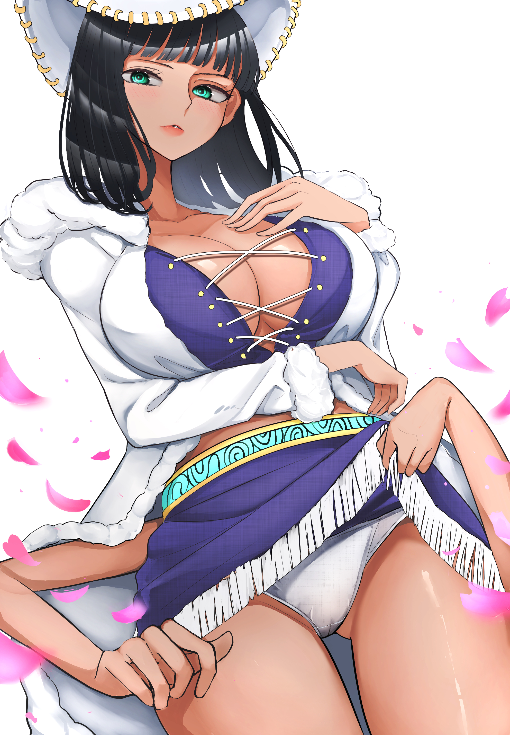 1girls, absurdres, black hair, black-haired female, blunt bangs, breasts, cleavage, clothes lift, clothing, cowboy hat, cross-laced clothes, female, female only, fur collar, fur trim, green eyes, hana hana no mi, hat, highres, kasumi6, large breasts, medium hair, miniskirt, miss all sunday, multi arm, multi limb, nico robin, one piece, panties, petals, skirt, skirt lift, solo, white panties