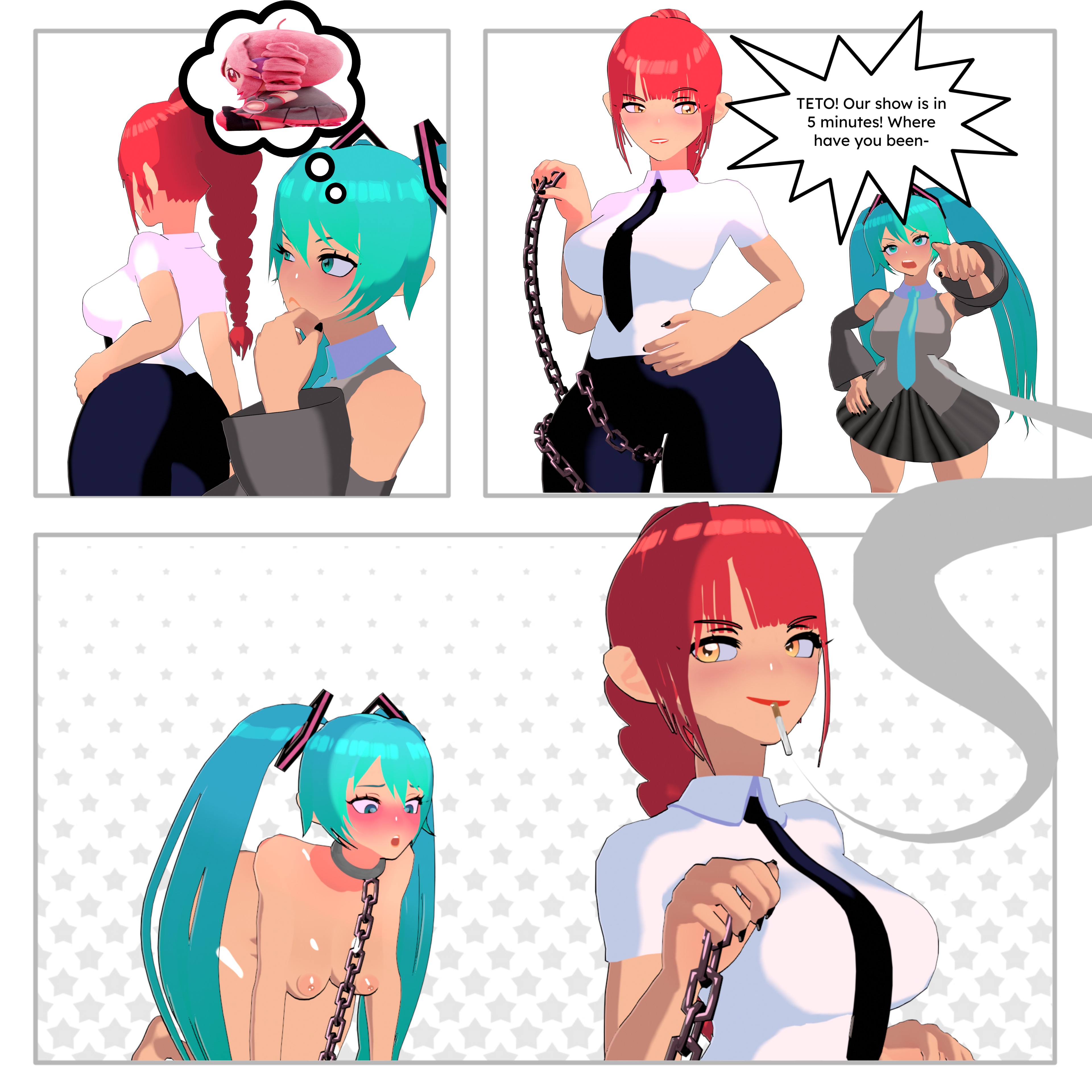 2girls, 3d, 3koma, aqua eyes, aqua hair, azephynight, blank background, blush, braid, braided ponytail, breasts, chain, chain leash, chains, chainsaw man, cigarette, cigarette in mouth, clothed female nude female, collar, collar chain, comic, crossover, detached sleeves, english text, female, female only, hand on hip, hatsune miku, imagining, leash, long hair, makima (chainsaw man), mistaken identity, multiple girls, necktie, nipples, nude, ponytail, red hair, red-haired female, ringed eyes, shirt, skirt, smile, smoking, smoking cigarette, text bubble, turquoise eyes, turquoise hair, turquoise-haired female, twintails, vocaloid, yellow eyes, yuri