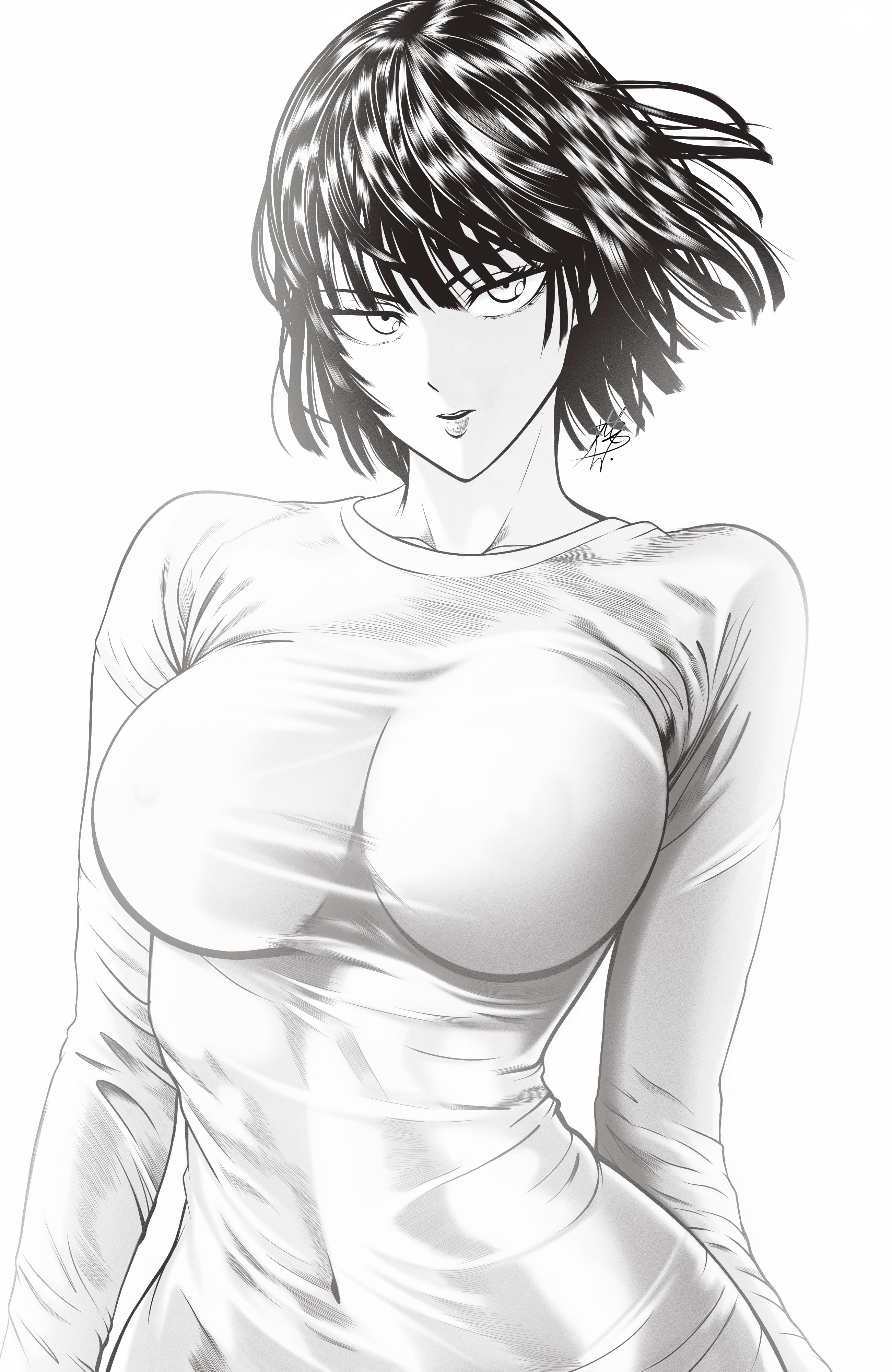 1girls, artist signature, big breasts, black and white, bob cut, breasts, busty, curvy, female, fubuki (one-punch man), mostlybluewyatt, one-punch man, round breasts, short hair, skin tight, solo, solo female, tight clothing, tight shirt, upper body, white background