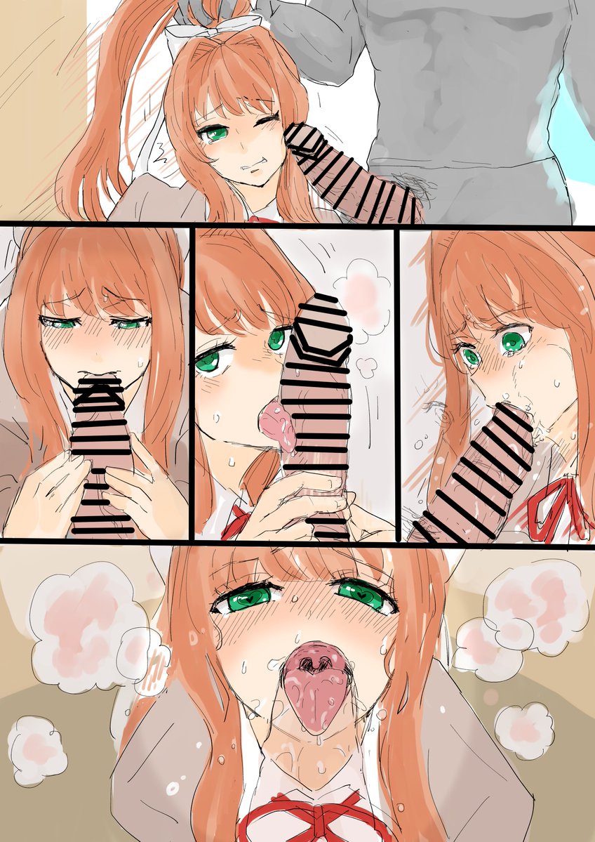 1boy, 1girls, anon, blowjob, blush, brown hair, censored, cock against cheek, cock on face, comic, comic page, coral brown hair, doki doki literature club, female, female focus, fully clothed, grabbing penis, green eyes, heart eyes, huge cock, licking, licking penis, long hair, looking pleasured, loving it, male, monika (doki doki literature club), nibbling, penis, pov, saliva, school uniform, schoolgirl, stubborn, sucking penis, sweat, white bow