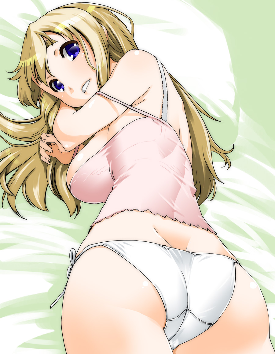 ass, back, bare shoulders, blonde hair, blue eyes, breasts, female, female focus, k-on!, large breasts, long hair, looking back, lying, on stomach, panties, parted lips, purple eyes, shinama, shiny skin, side-tie panties, solo, strap slip, tsumugi kotobuki (k-on!), underwear, white panties