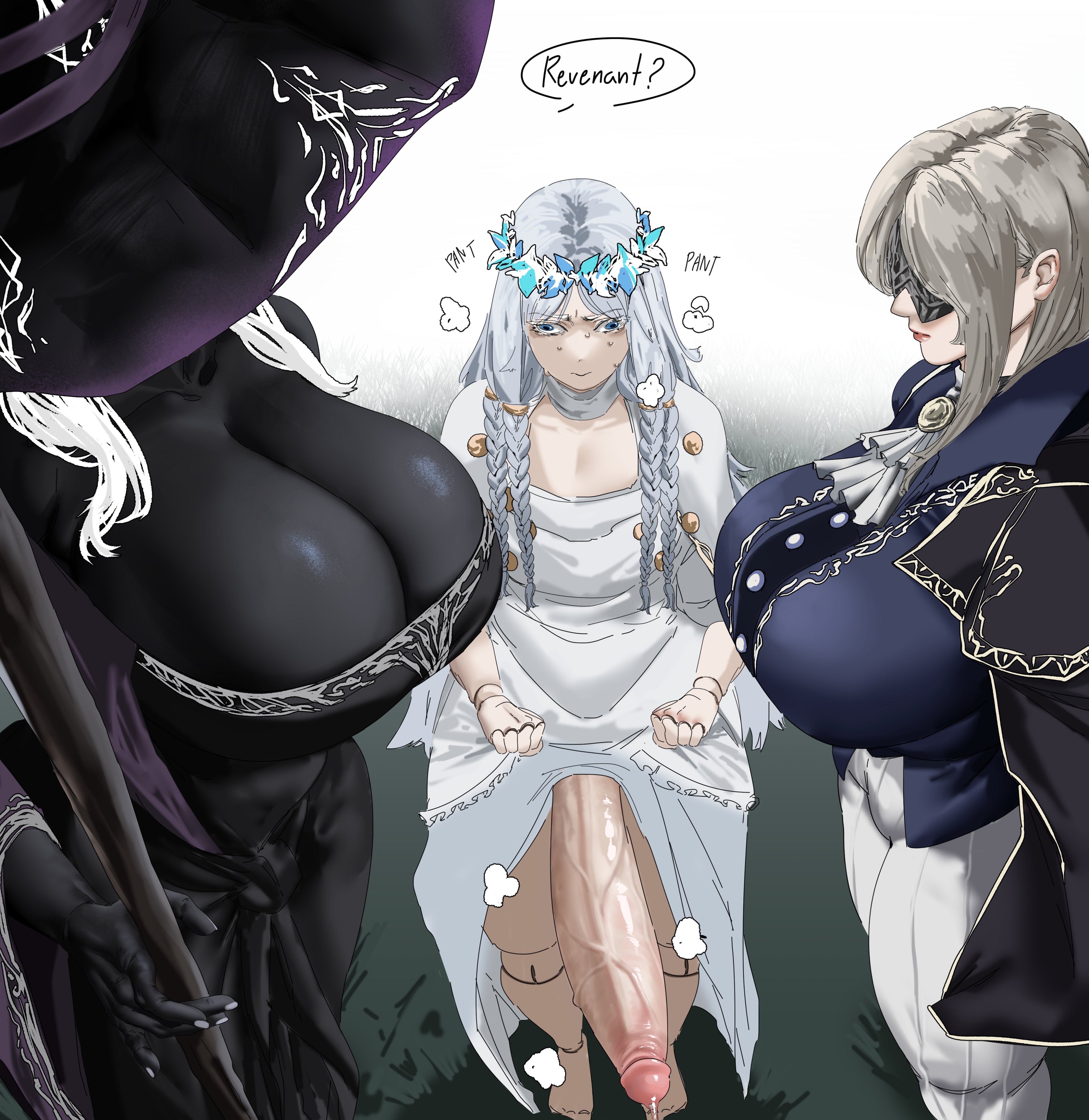 1futa, 2girls, big penis, blindfold, blindfolded, blonde female, blonde hair, breasts, busty, cleavage, clothed, dark skin, dark-skinned female, doll, doll futa, doll joints, duchess (nightreign), elden ring, elden ring nightreign, female, fromsoftware, fully clothed female, futa on female, futanari, hat, huge breasts, huge cock, intersex, kulfodo, large breasts, large penis, light skin, light-skinned female, light-skinned futa, long penis, massive breasts, massive penis, penis, penis out, petite, petite futa, recluse (nightreign), revealing clothes, revenant (nightreign), tagme, thick, thick penis, white hair, witch, witch hat