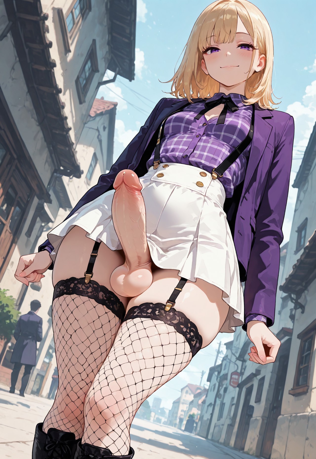 1futa, ai generated, balls, big penis, blonde hair, breasts, erection, fishnet legwear, fishnet stockings, fishnets, from below, futa only, futanari, garter straps, intersex, jamesbron, large penis, legwear, looking at viewer, low-angle view, medium hair, no panties, penis, plaid shirt, purple eyes, skirt, small breasts, smile, solo, solo futa, standing, stockings, suspenders, thighhighs, thighs, wide hips