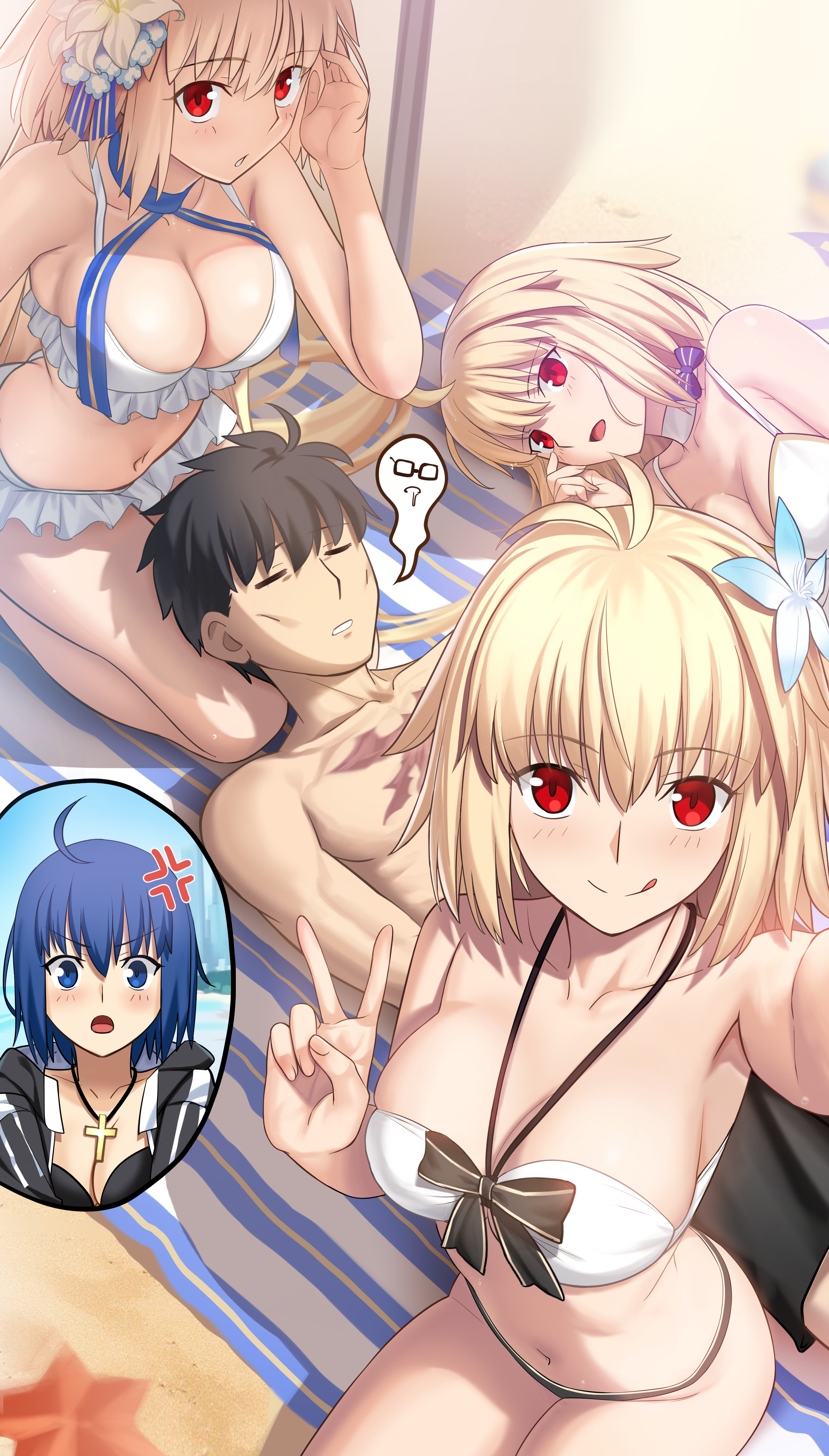 :q, 1boy, 4girls, absurdres, ahoge, alternate version available, anger vein, archetype earth, archetype earth (third ascension), arcueid brunestud, arcueid brunestud (dazzling moon), arcueid brunestud (mooncancer), besmiled, bikini, blonde hair, breasts, ciel (tsukihime), cleavage, closed eyes, commission, fate (series), fate/grand order, female, flower, guy tired after sex (meme), hair ornament, hand on own head, harem, highres, huge breasts, lap pillow, large breasts, long hair, looking at viewer, male, meme, multiple females, multiple girls, multiple persona, mysterious executor c.i.e.l (fate), on floor, on lap, red eyes, resting, selfie, selfie pose, short hair, smile, surprised, swimsuit, tohno shiki, tongue, tongue out, tsukihime, tsukihime (remake), v, very long hair, white bikini, wide hips