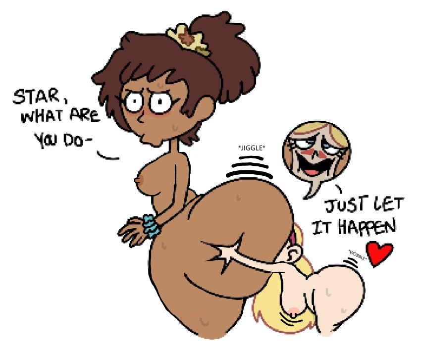 2girls, alternate version available, amphibia, anne boonchuy, ass, ass grab, ass worship, blonde female, blonde hair, blush, breasts, brown hair, brown nipples, chocolate and vanilla, crossover, dark skin, dark-skinned female, disney, disney channel, edit, edited, face buried in ass, face in ass, female, female only, forced yuri, gigantic ass, hanging breasts, head between cheeks, heart, huge ass, interracial yuri, larger female, light skin, light-skinned female, long hair, motion lines, nude, nude edit, nude female, onomatopoeia, pink nipples, scrunchie, sideboob, smaller female, star butterfly, star vs the forces of evil, suprised look, surprise yuri, sweat, text, theslashfive, thick ass, thick butt, white background