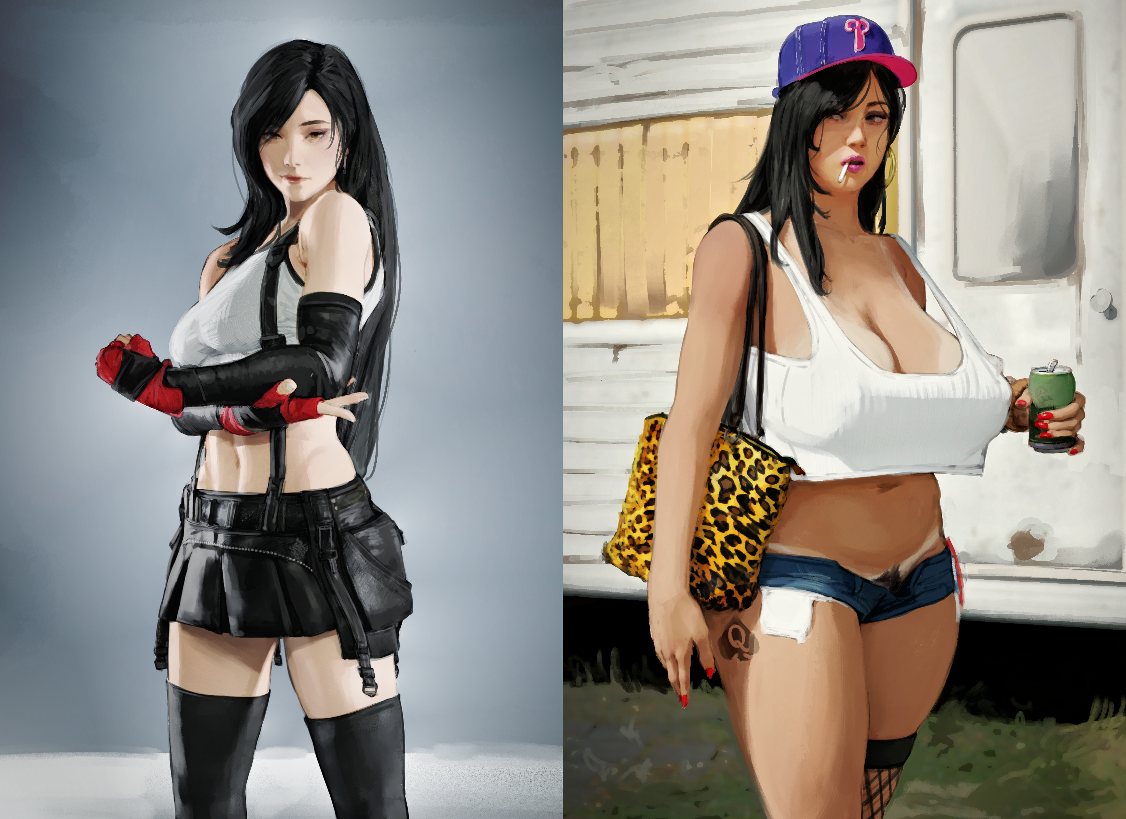 bag, before and after, bikini tan, black hair, breasts, cap, cigarette, degradation, diathorn, female, final fantasy, final fantasy vii, final fantasy vii remake, fingerless gloves, hi res, large breasts, long hair, makeup, miniskirt, moral degeneration, queen of spades, red nails, short shorts, skirt, solo female, stockings, tan skin, tank top, tattoo, tifa lockhart, trailer trash
