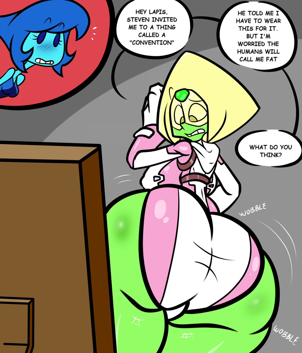 2girls ass big_ass big_breasts big_butt blonde_hair blue_body blue_eyes blue_skin blush bodysuit bubble_butt cosplay dialogue dumptruck_ass fat_ass female female_only fujiweeb gem gem_(species) green_body green_skin gwenpool_(cosplay) huge_ass lapis_lazuli_(steven_universe) large_ass large_breasts looking_at_own_butt looking_back marvel marvel_comics nipple_bulge peridot_(steven_universe) speech_bubble steven_universe text text_bubble thick_ass thick_legs thick_thighs thighhighs thighs wide_hips yellow_hair