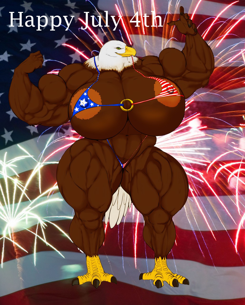 4th_of_july american_flag american_flag_bikini anthro anthro_only bikini breasts breasts_larger_than_head eagle female huge_breasts huge_muscles hyper_breasts kosmonius muscles muscular muscular_anthro muscular_female