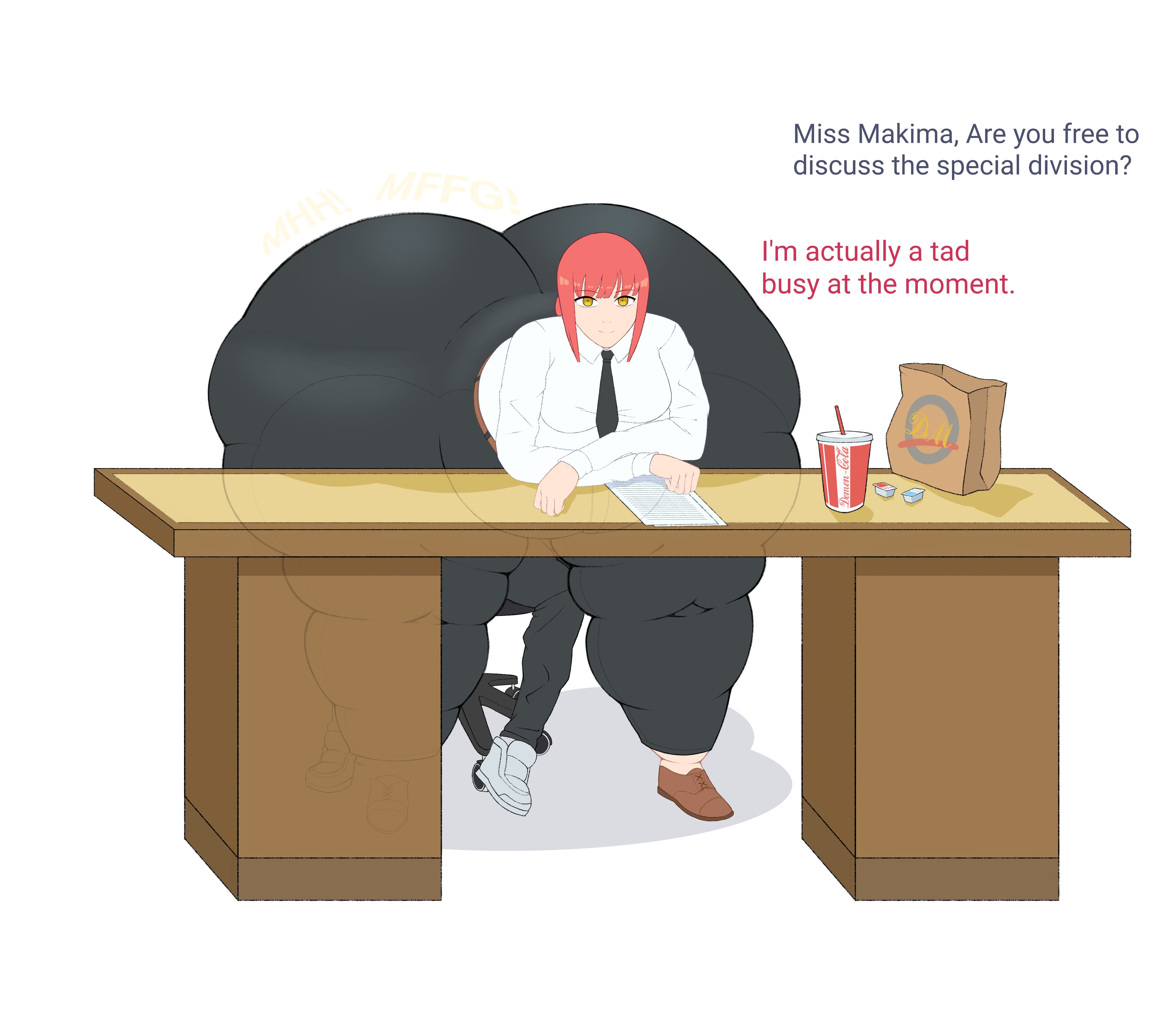 1boy, 1girls, arms crossed, ass, bag, big belly, breasts, chainsaw man, chair, denji (chainsaw man), dialogue, duo, face in ass, facesitting, female, huge ass, looking at viewer, makima (chainsaw man), male, massive breasts, massive thighs, necktie, older female, overweight, overweight female, pants, red hair, s caken, shirt, shoes, smile, soda, sound effects, table, text, thick thighs, white background, yellow eyes, younger male