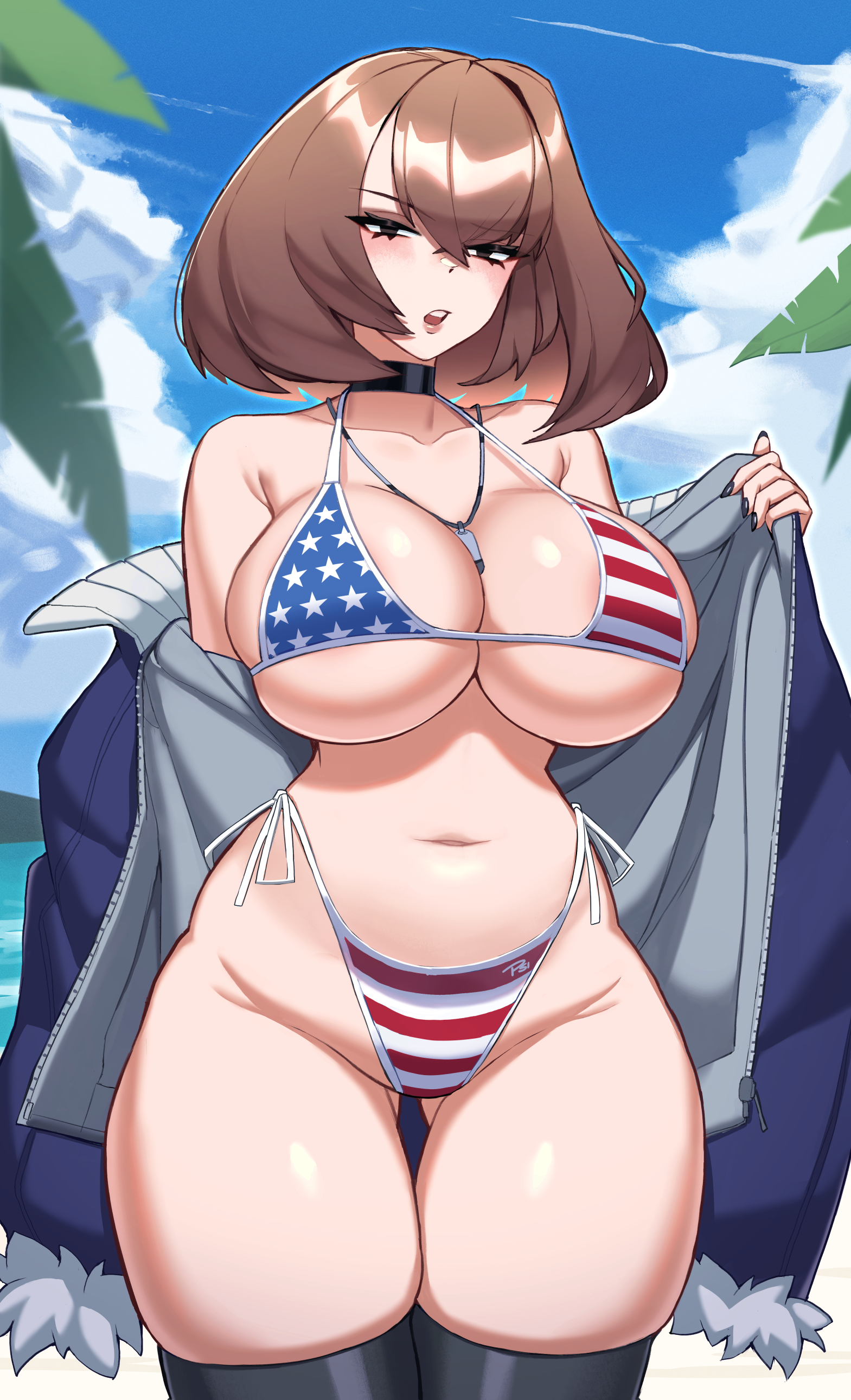 1girls, 2023, 4th of july, absurd res, american flag, american flag bikini, areola slip, areolae, ass visible through thighs, bare shoulders, beach, between breasts, bikini, black eyes, black nails, black thighhighs, blush, breasts, brown hair, caroline (psidubs), choker, cleavage, clothing, cloud, eyebrows visible through hair, female, female only, hair between eyes, half-closed eyes, highleg, highleg bikini, highres, huge breasts, jacket, looking at viewer, nail polish, navel, open clothes, open jacket, open mouth, original, outdoors, palm tree, psidubs, side-tie bikini, signature, skindentation, sky, solo, standing, swimsuit, teeth, thick thighs, thigh gap, thighhighs, thighs, thong, tree, undressing, whistle, whistle around neck, wide hips