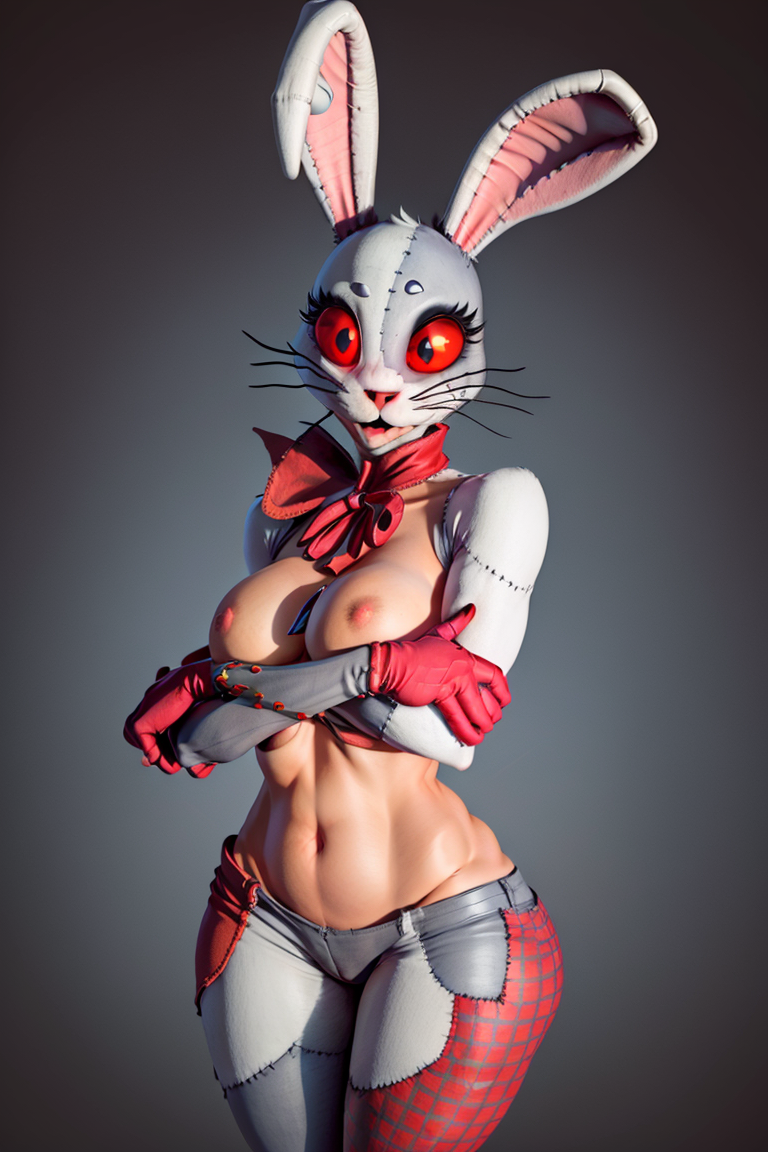 ai generated, breasts, bunny ears, bunny girl, bunnysuit, crossed arms, female, five nights at freddy's, five nights at freddy's: security breach, red eyes, vanny (fnaf)
