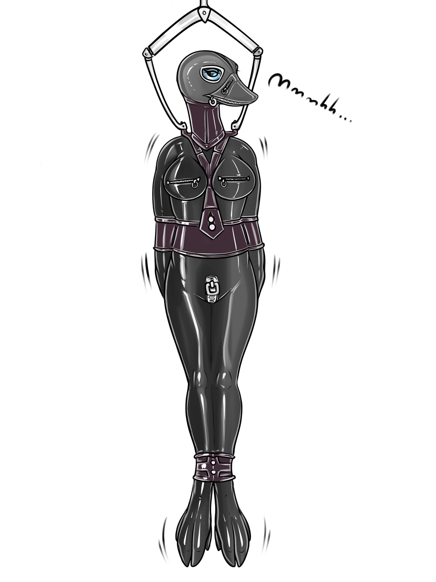 2023 adeer anatid ankle_cuffs ankles_tied anseriform anserinae anthro arm_cuffs arms_tied avian bird black_latex black_leather blue_eyes bodysuit bondage bound breasts clothing collar crotch_zipper cuff_(restraint) digital_media_(artwork) female gimp_suit glistening glistening_clothing goose hi_res hood leather leather_collar limited_palette moan motion_lines nipple_zipper png posture_collar restraints rubber rubber_clothing rubber_suit simple_background solo suspension suspension_bondage white_background zipper