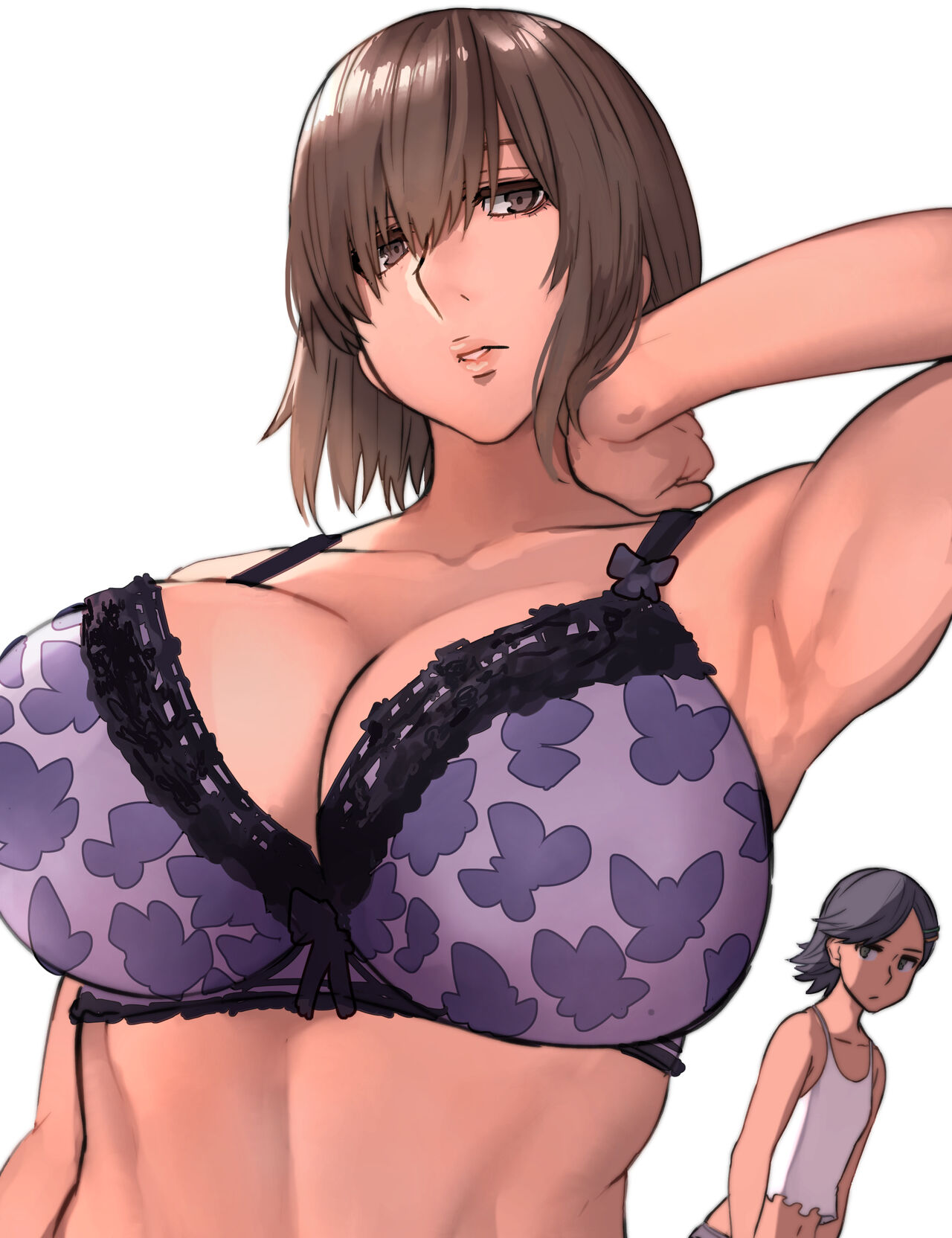 2018 2girls arm_up armpits bare_arms bare_shoulders black_eyes black_hair bow bow_bra bra breast_envy breasts brown_eyes brown_hair camisole cleavage clothing female female_only hand_on_neck highres huge_breasts looking_at_another matching_hair/eyes midriff multiple_girls navel niece's_friend_(pepe_(jonasan)) niece_(pepe_(jonasan)) original pepe_(jonasan) purple_bra shirt short_hair simple_background sleeveless sleeveless_shirt small_breasts solo_focus standing underwear white_background white_camisole