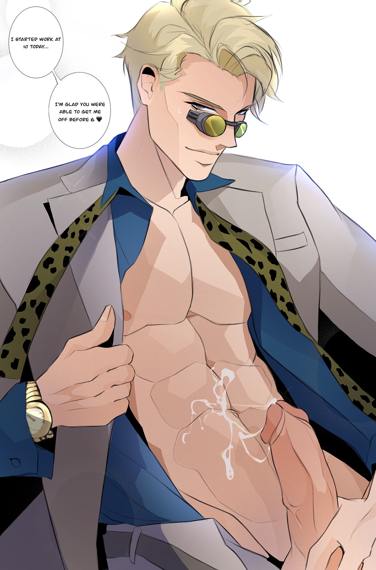 1boy, abs, balls, bara, biceps, big balls, big penis, blonde hair, clothing, cum, cum drip, cum dripping from penis, cum on body, dialogue, english text, erection, gay, genital fluids, hi res, highres, iversiin, jujutsu kaisen, kento nanami, male, male focus, male only, muscular, muscular male, penis, solo, solo male, text, vein, veiny penis, yaoi