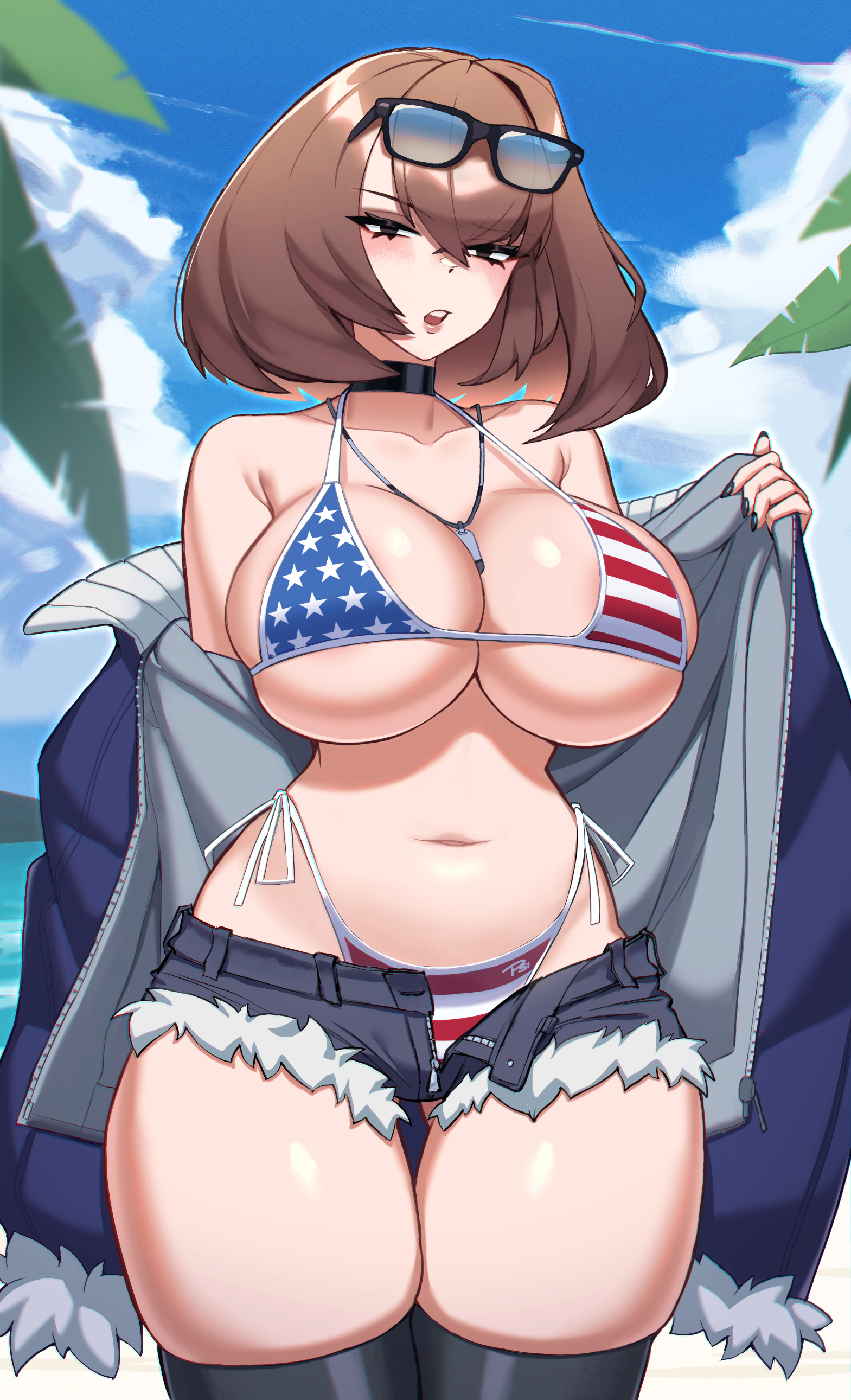 1girls, 2023, 4th of july, absurd res, american flag, american flag bikini, areola slip, areolae, ass visible through thighs, bare shoulders, beach, bikini, black eyes, black nails, blush, breasts, brown hair, caroline (psidubs), choker, cleavage, clothing, cloud, cutoffs, eyebrows visible through hair, female, female only, hair between eyes, half-closed eyes, highleg, highleg bikini, highres, huge breasts, jacket, looking at viewer, micro shorts, nail polish, navel, open clothes, open jacket, open mouth, original, outdoors, palm tree, psidubs, short shorts, shorts, side-tie bikini, signature, skindentation, sky, solo, standing, sunglasses, sunglasses on head, swimsuit, teeth, thick thighs, thigh gap, thighhighs, thighs, thong, tree, undressing, whistle, whistle around neck, wide hips, zettai ryouiki