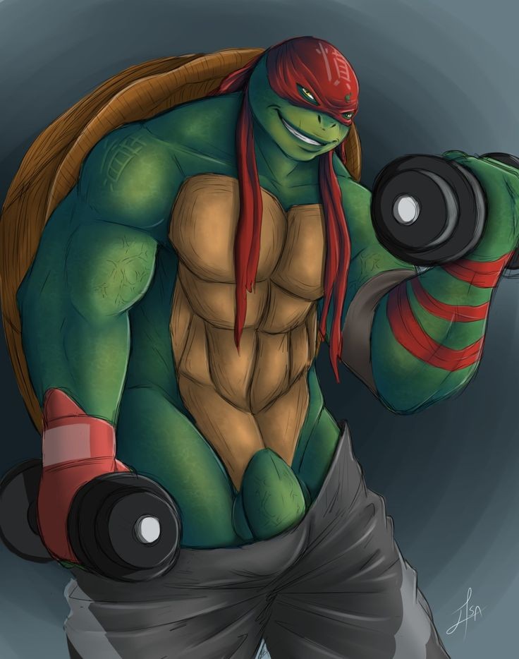 1boy boner_in_pants dominant dominant_male dumbbell flexing green_skin humanoid looking_at_viewer male muscles muscular mutant penis raphael_(tmnt) reptile scalie smile smile_at_viewer solo teenage_mutant_ninja_turtles teenage_mutant_ninja_turtles_(2014) tmnt training turtle yaoi