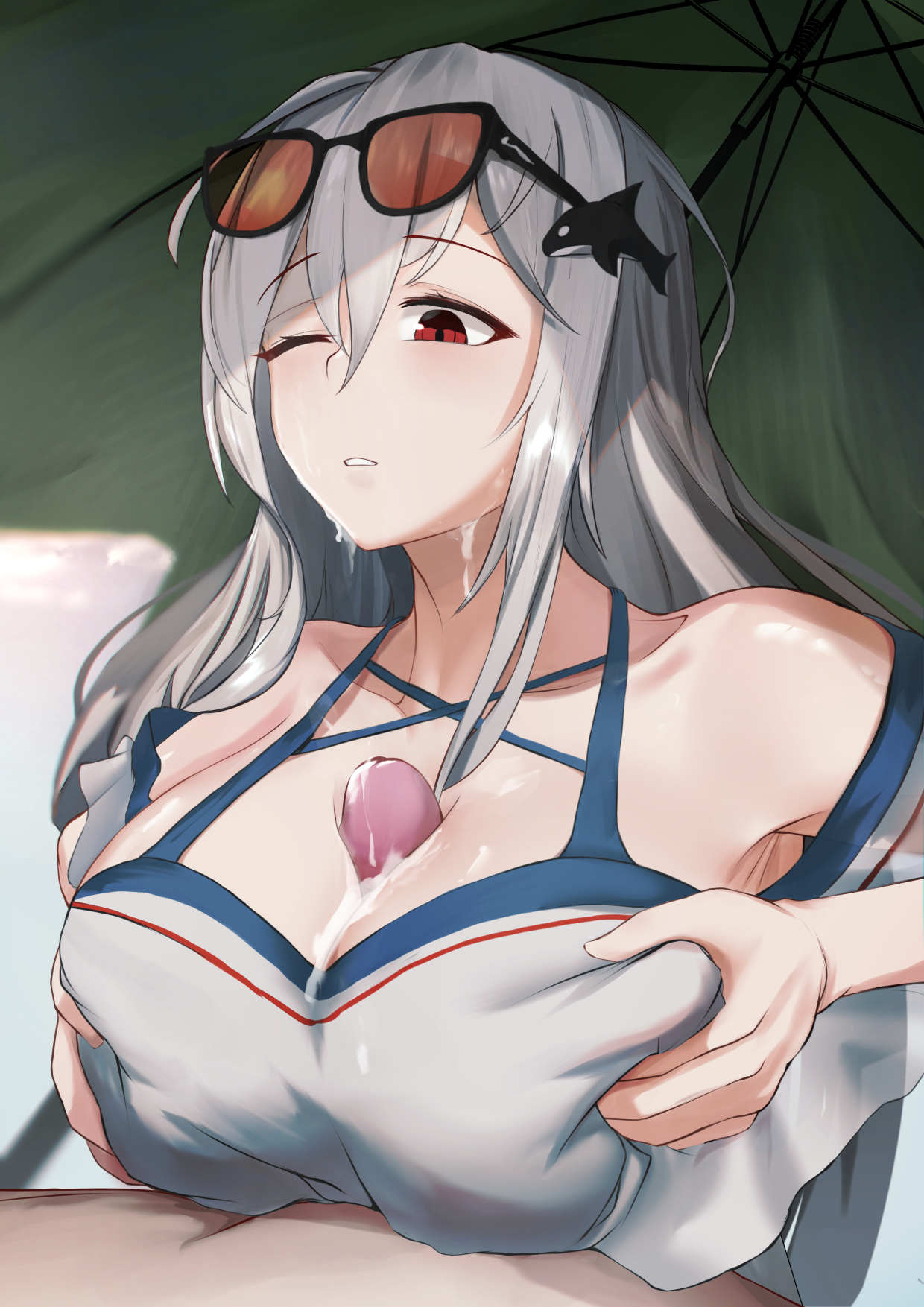 1boy, 1girls, 2023, arknights, bare shoulders, bikini, boobjob, bra, breasts, clothed female nude male, cum, cum on breasts, cum on face, female, glasses on head, hi res, krirk, light skin, light-skinned female, light-skinned male, long hair, male, one eye closed, paizuri, red eyes, skadi (arknights), sunglasses, white hair