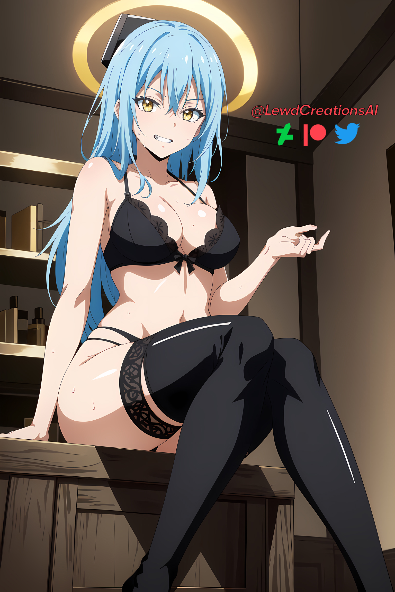 1girls, ai generated, big breasts, blue hair, breasts, cleavage, dominant female, female, female only, from below, garter straps, golden eyes, halo, lewdcreationsai, lingerie, navel, petite, rimuru tempest, smile, smirk, solo, tensei shitara slime datta ken, thick thighs, thighhighs, thighs, yellow eyes