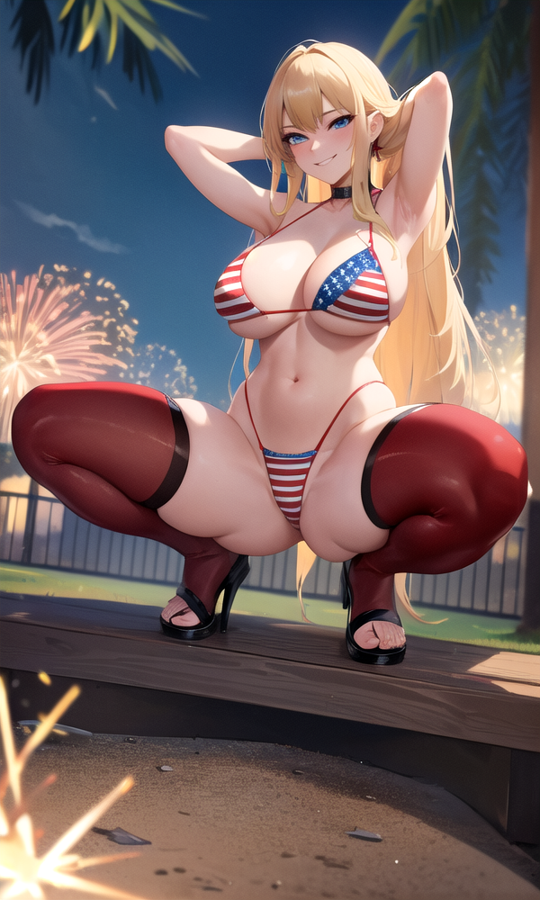 ai-chan42069 ai_generated american_flag american_flag_bikini blonde_hair blue_eyes blush blushing busty choker fireworks flag_bikini flag_print heels high_heels in_public large_breasts long_hair looking_at_viewer mature_female national_personification red_thighhighs smiling_at_viewer spread_legs squatting stable_diffusion thick_thighs thighhighs thin_waist usa wide_hips